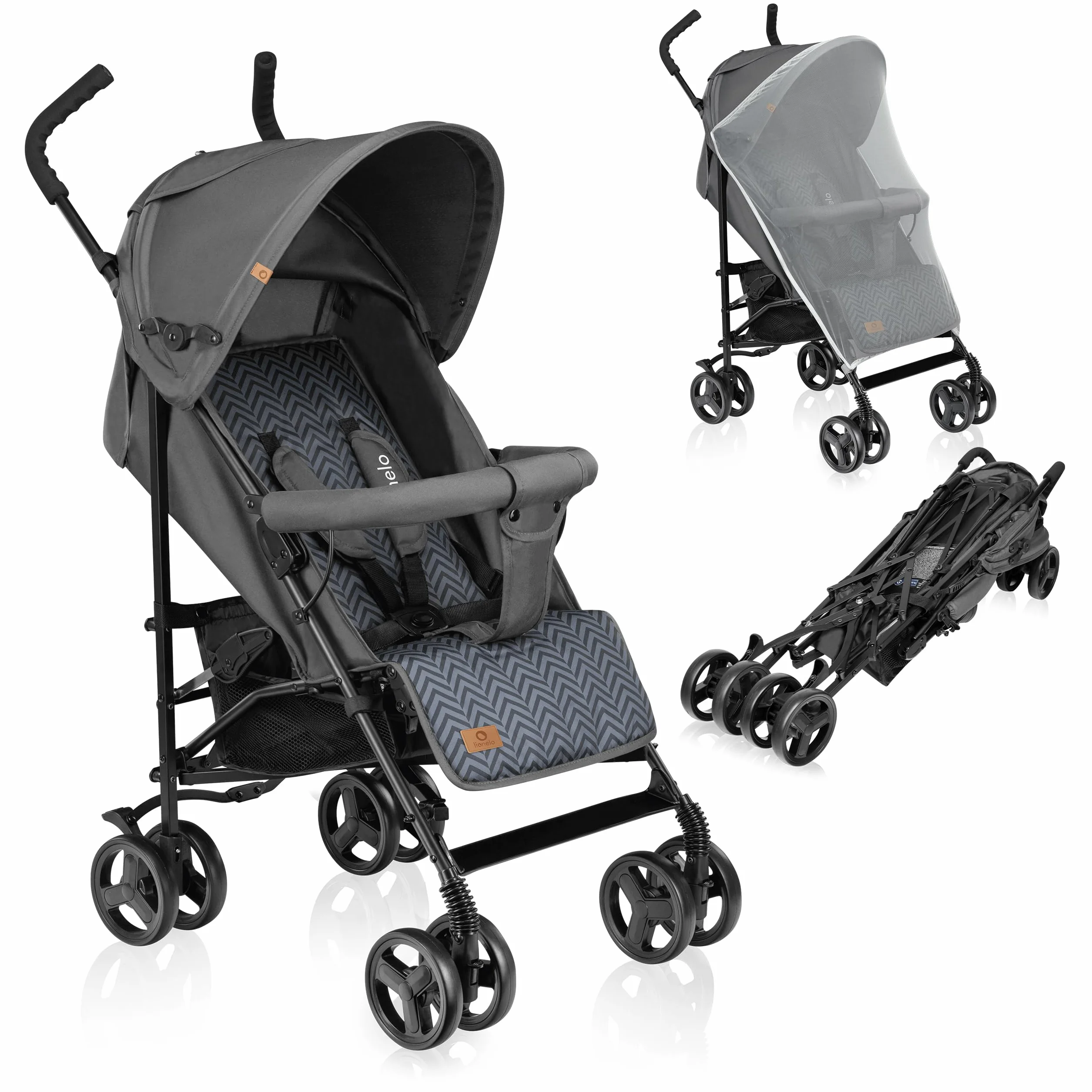 LIONELO Elia poussette canne 15 kg réglage dossier position couchée grand panier pliage rapide moustiquaire
