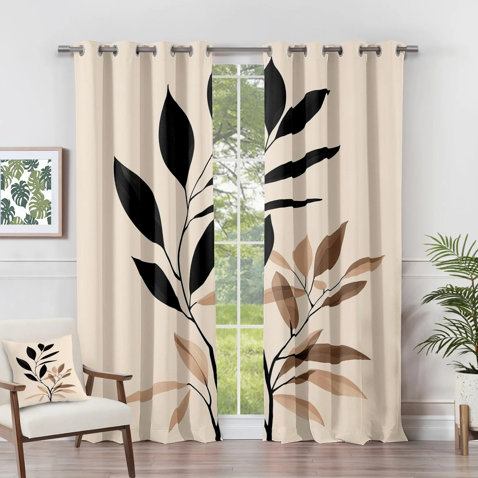 Rideau Occultant Feuilles - Rideau Thermique Motif Feuilles Minimaliste, Rideaux Chambre Salon Fenetre, Lot de 2 Rideaux et Draperies Intérieurs à Oeillets, 140x240 cm (LxH) M#-516