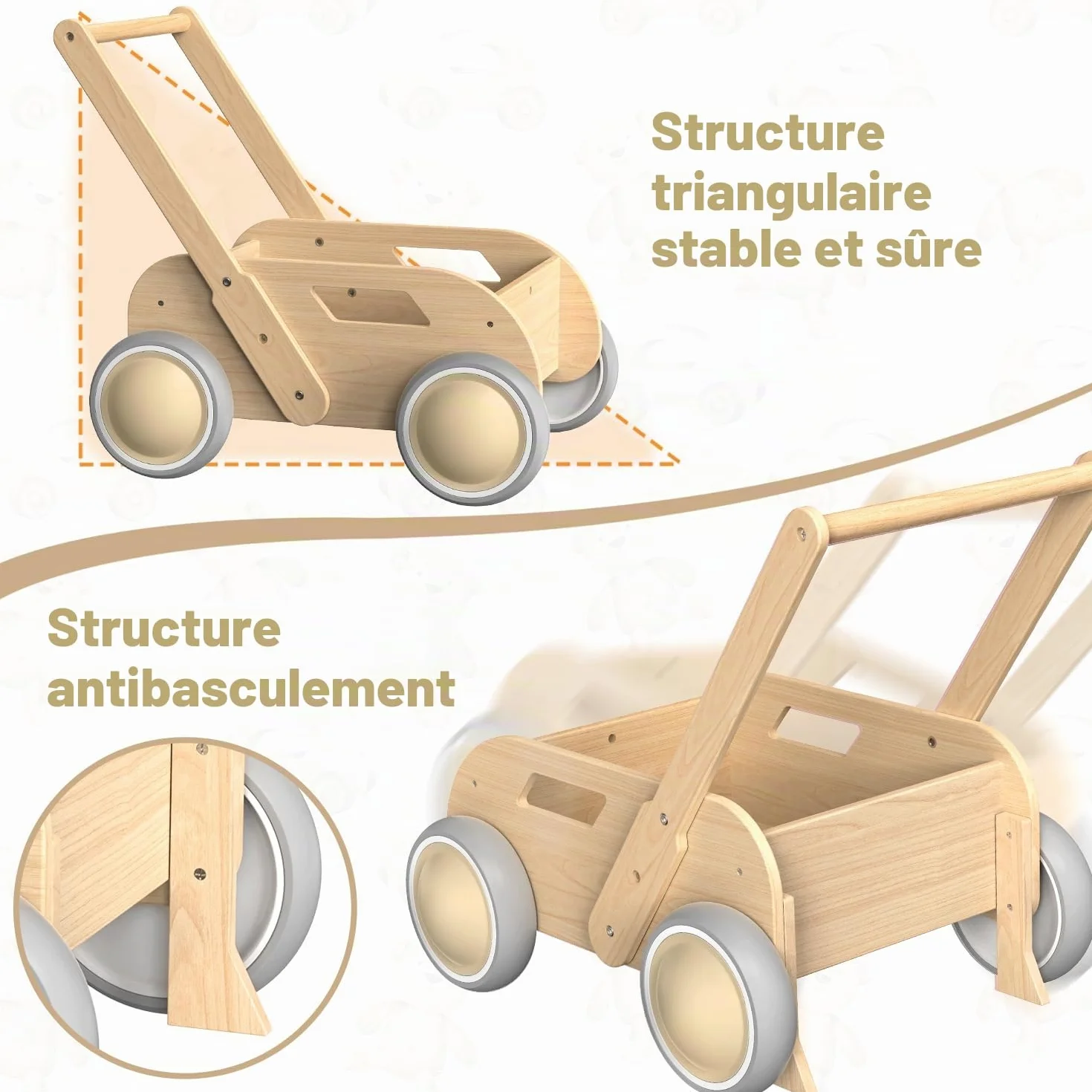 Trotteur Bébé en Bois, Chariot de Marche pour Garçons et Filles, Baby Walker avec Roues, Cadeau Anniversaire Noël