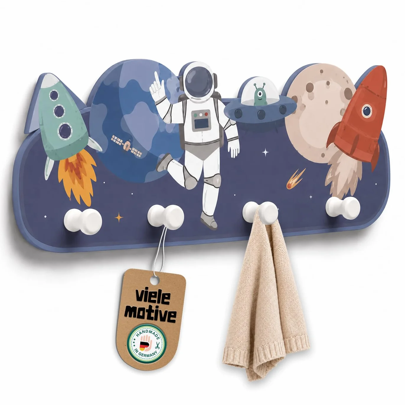 Porte-manteau mural asdrøm 4 crochets astronaute spatial bois pour chambre enfant