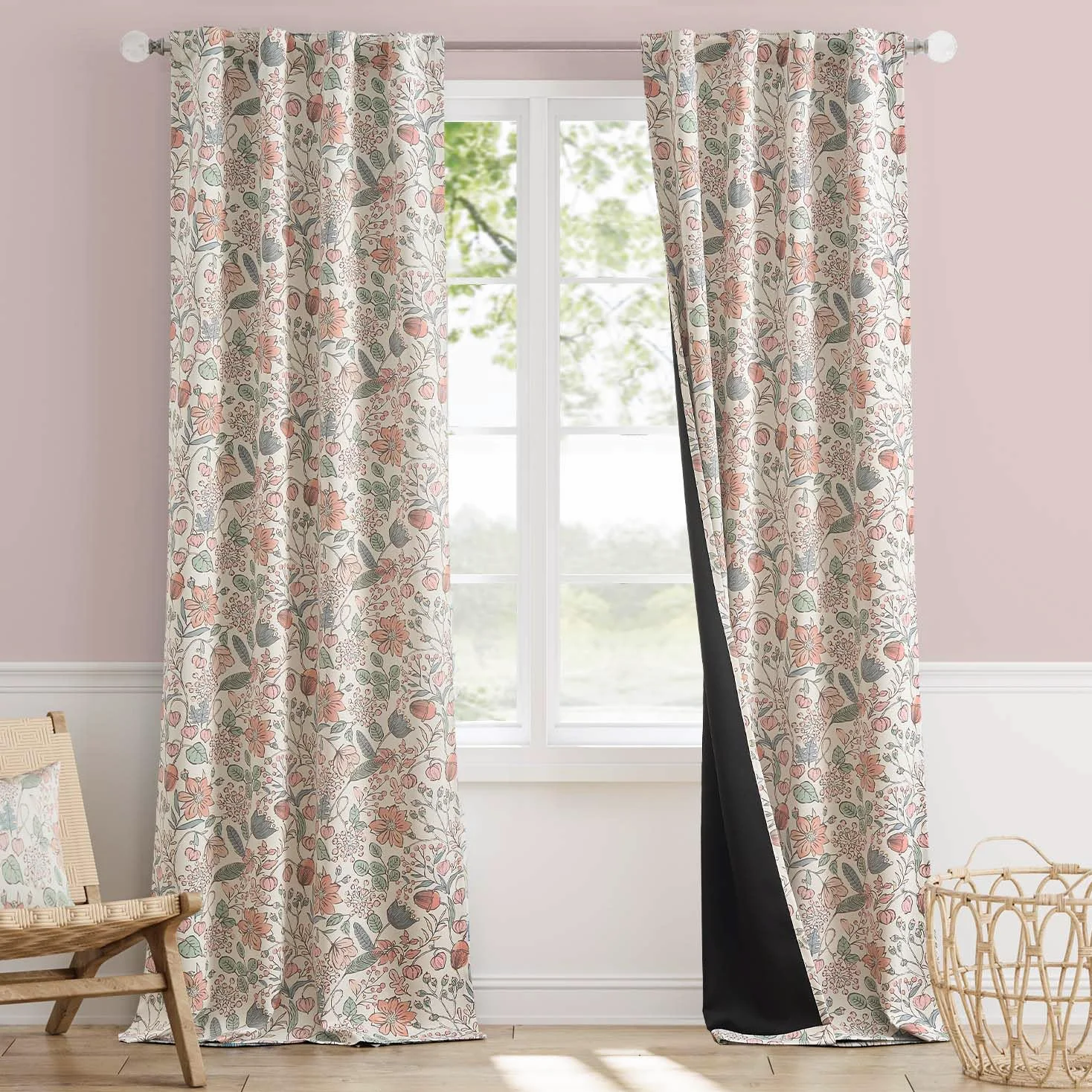 Vangao Lot de 2 rideaux occultants à motif floral pour chambre à coucher - 243,8 cm de long - Rideaux de campagne française rose pour enfants - Imprimé toile - Rideaux de ferme à isolation thermique