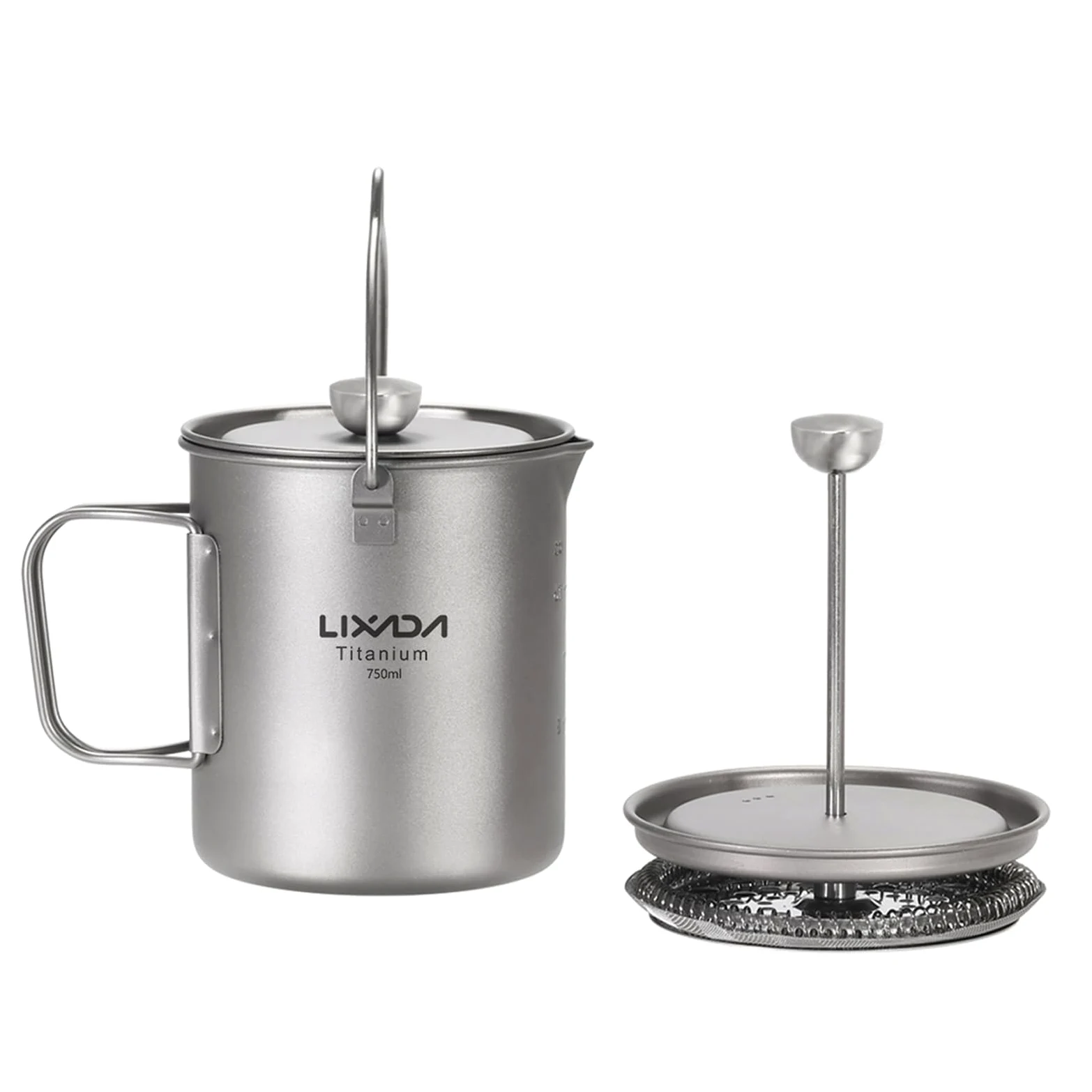 LIXADA 750 ML Tasse à café en Titane Tasse à café Presse française cafetière avec Couvercle marmite de Camping en Plein air