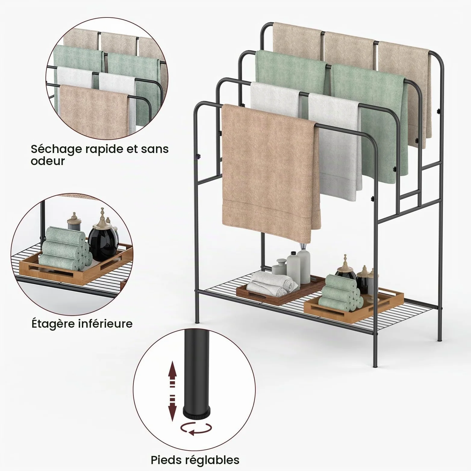 Porte-serviettes autoportant pour salle de bain, support de courtepointe pour salon, piscine extérieure, séchage de serviettes pour salle de bain, support d'échelle à 4 niveaux pour serviette de bain