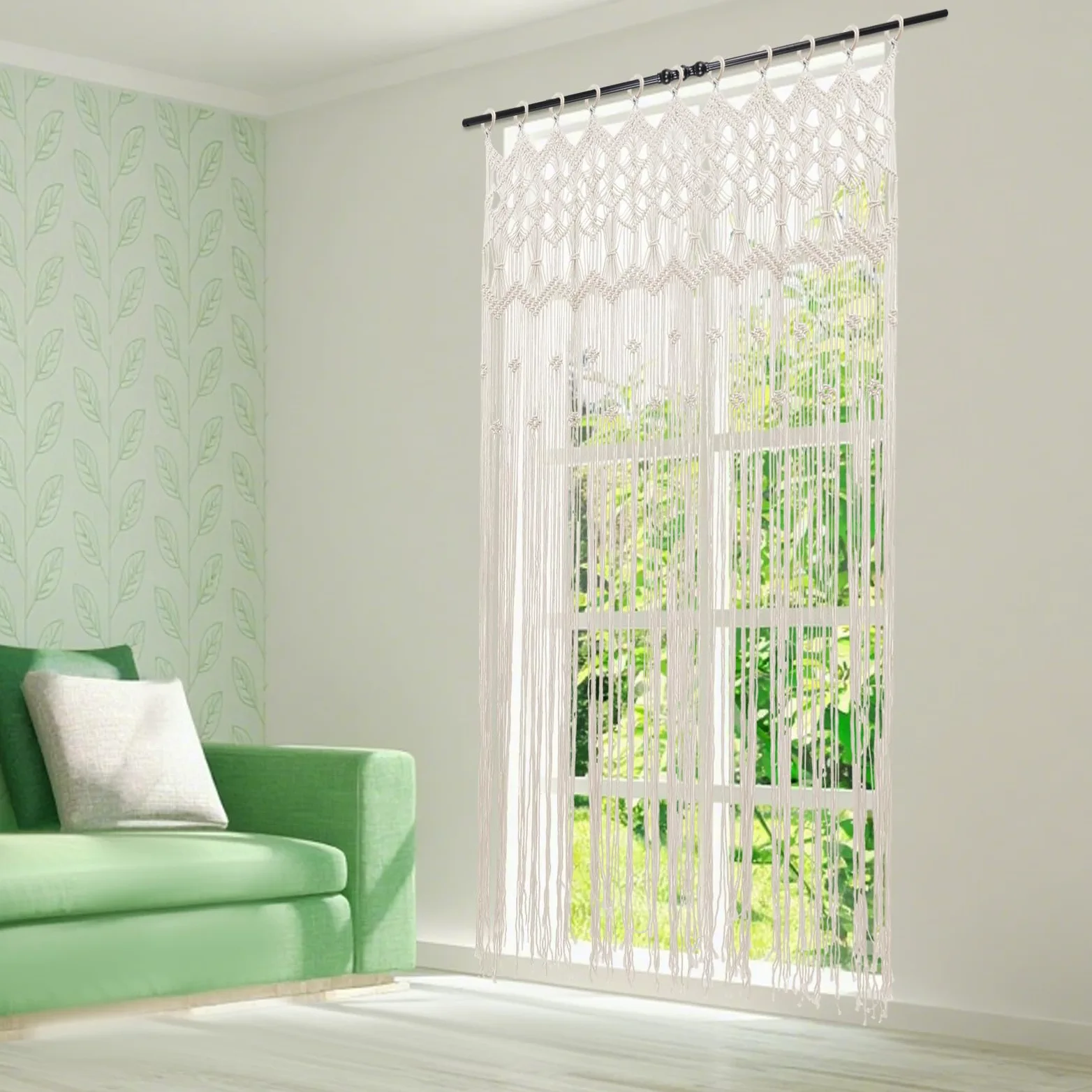 Rideau en macramé - Style bohème - Tapisserie murale - Rideau de fenêtre - Rideau en coton - Séparateur de pièce - Tissé - Rideau décoratif pour salon, chambre à coucher - 120 x 195 cm