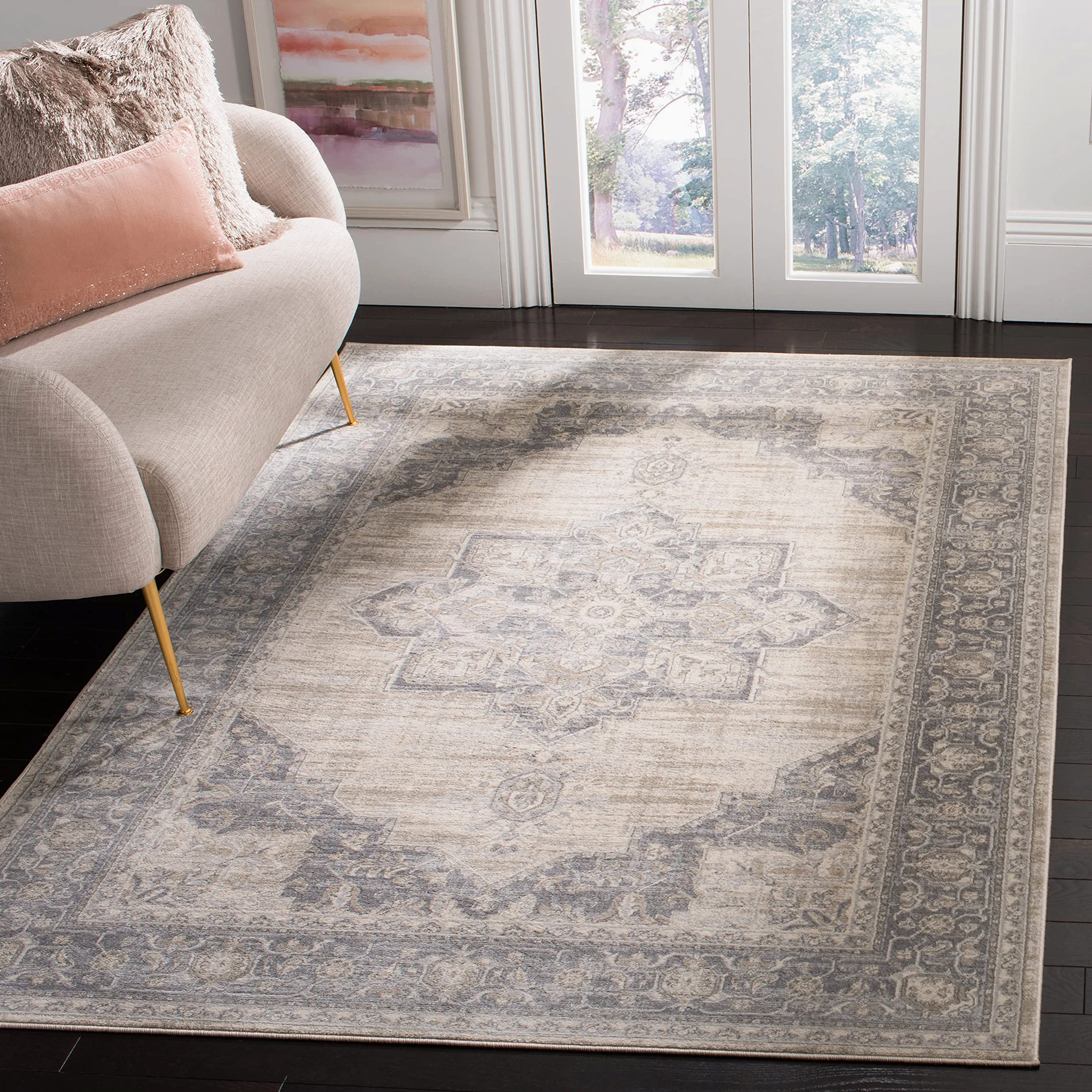 SAFAVIEH Tapis Traditionnel pour Salon, Salle à Manger, Chambre à Coucher - Brentwood Collection, Tapis à Poil Court, Crème et Gris, 122 X 183 cm