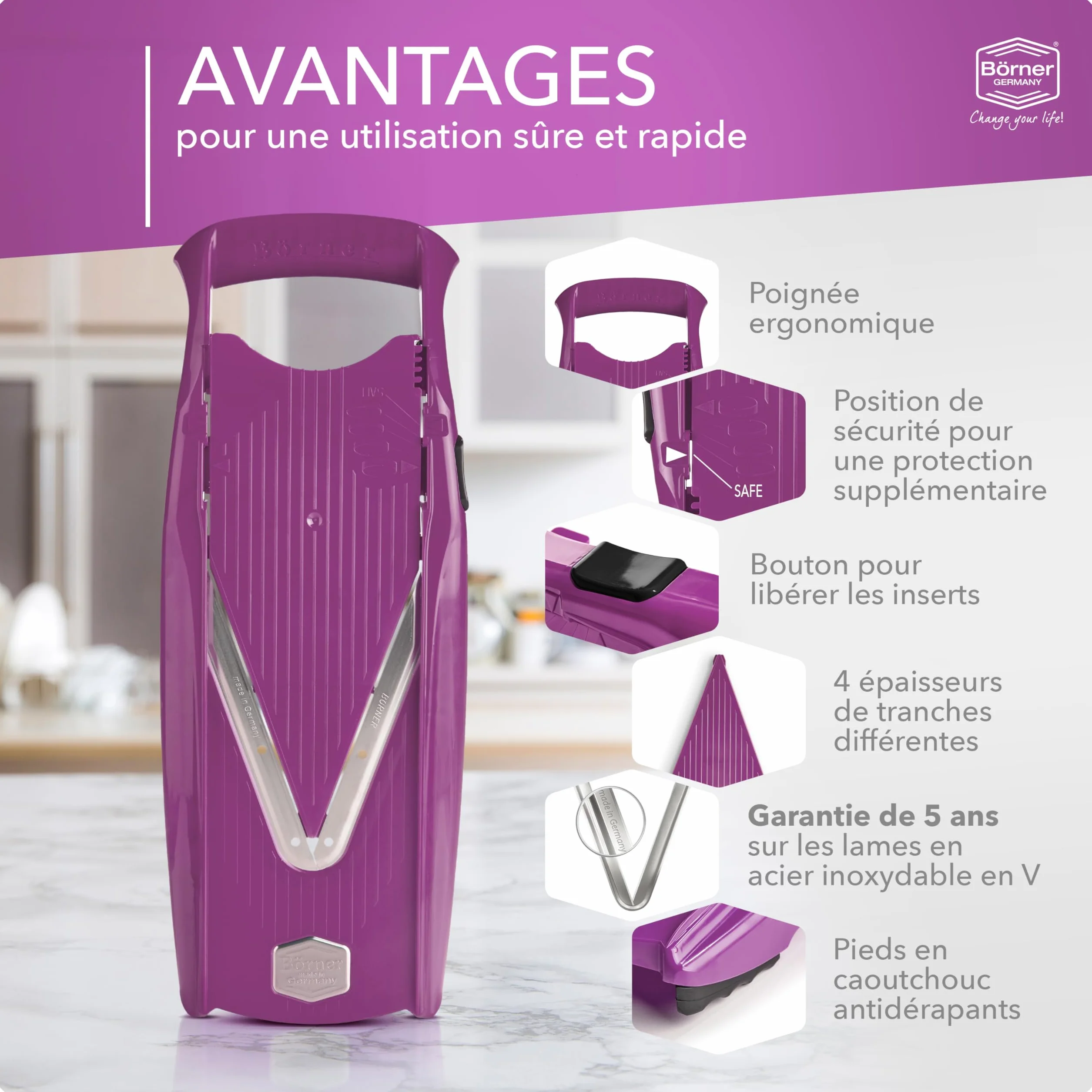 Börner V5 Coupe-Légumes Mandoline Trancheuse Lame Acier Inoxydable 4 Épaisseurs Violet