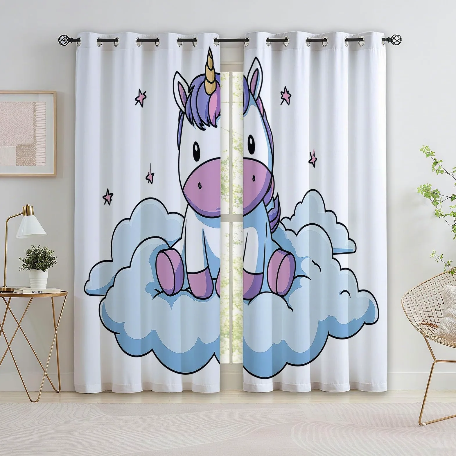 Générique Rideaux Opaques en Licorne Nuages Dessin Animé, Rideau Occultant en Polyester Blanc, Rideaux Thermique Isolant Anti-Froid Décoration de Fenêtre pour Salon Chambre Lot de 2 110L x 215H cm