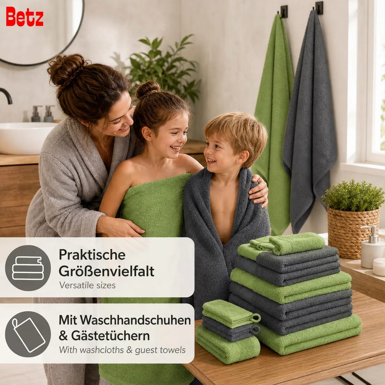 Betz Lot de 10 Serviettes Set de 2 draps de Bain 4 Serviettes de Toilette 2 Serviettes d'invités 2 Gants de Toilette 100% Coton Premium Couleur Vert Pomme, Gris Anthracite