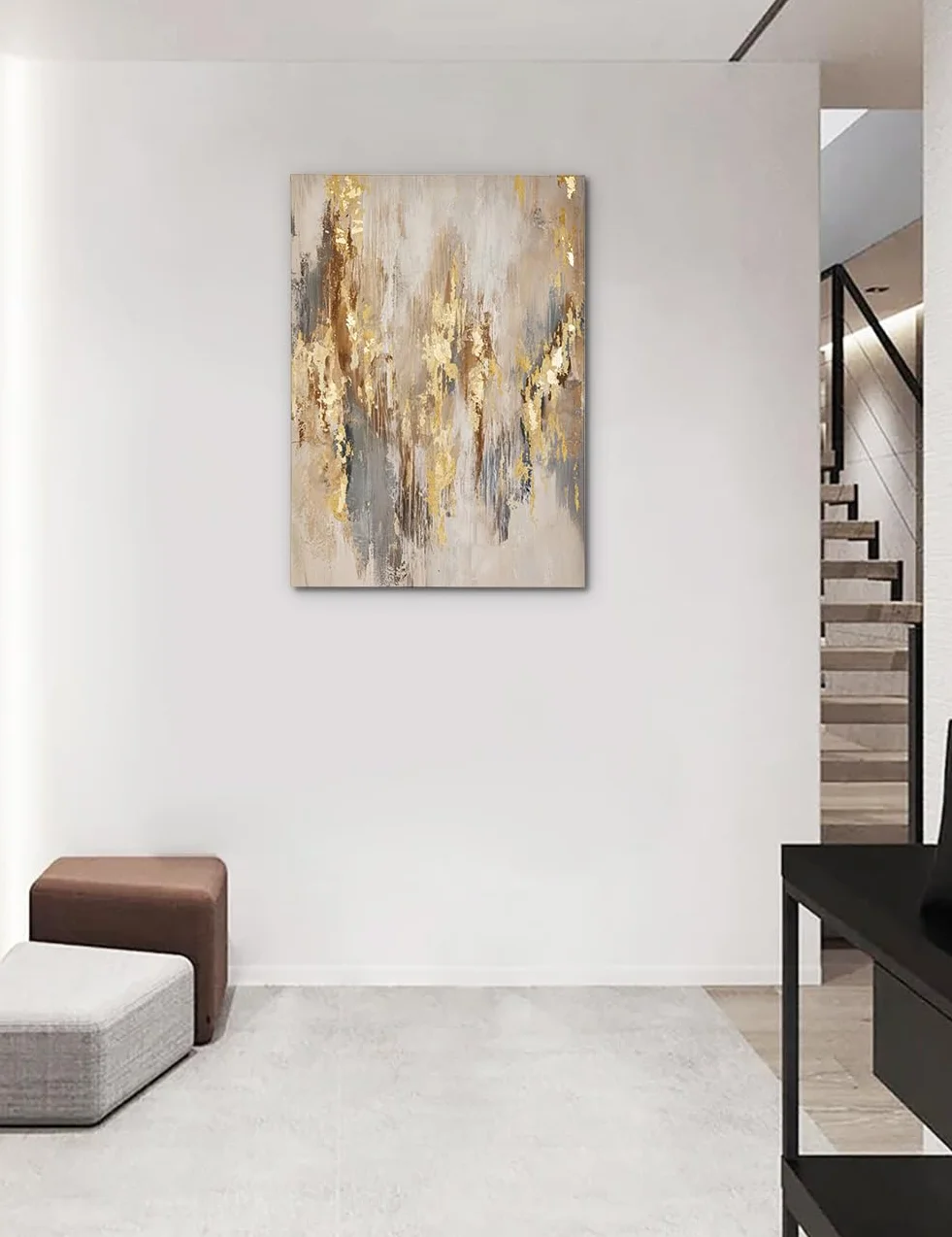 Peinture sur toile 70 x 50 cm - Structures dorées - Art abstrait - Décoration murale