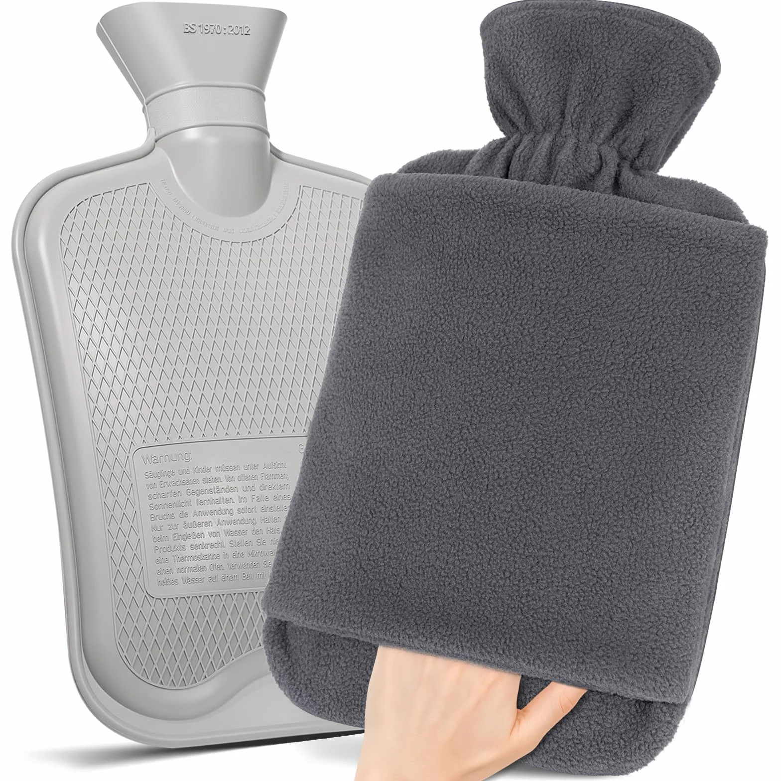 Bouillotte 2L Anti-Fuite Avec Housse Non-Tissé et Poche Kangourou - Gris