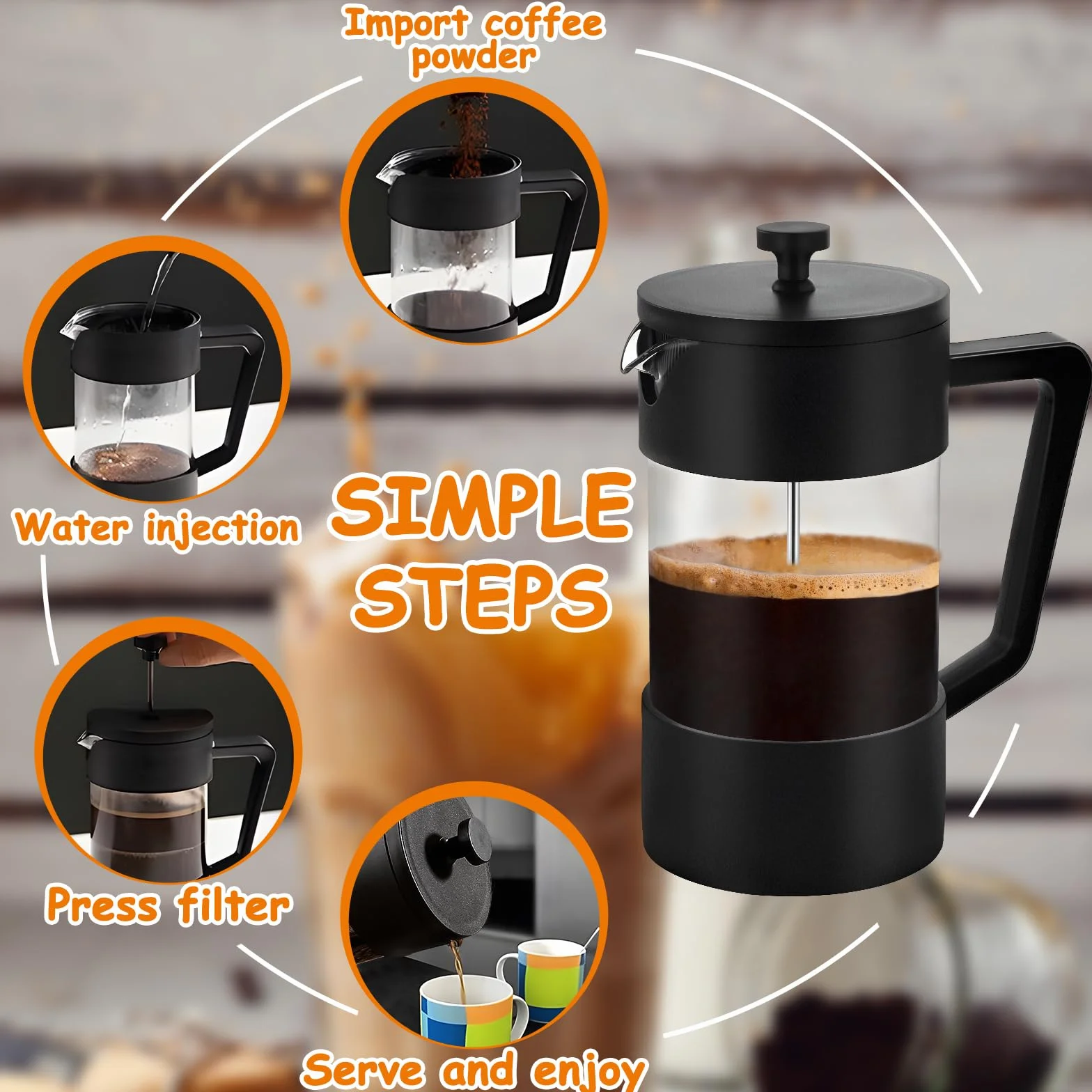 Cafetière à Piston French Press 1000 ml Verre Borosilicate Triple Filtres Acier Inoxydable Noir