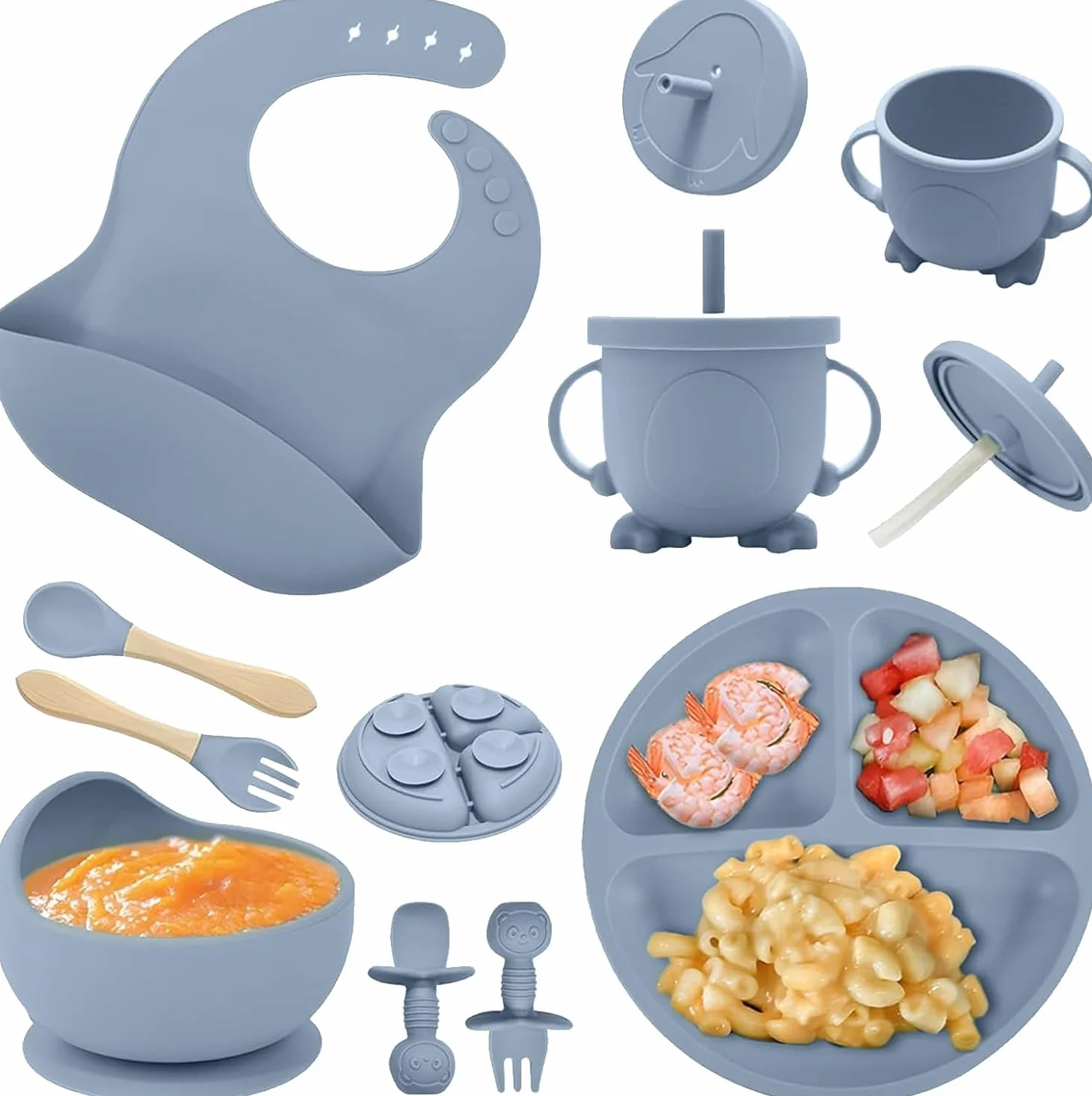 Assiette Bébé 8 pièces Repas Bébé Cuillère Fourchette Bol Bavoir Gobelet Silicone Anti-chute Sans BPA Lavable Lave Vaisselle Bleu