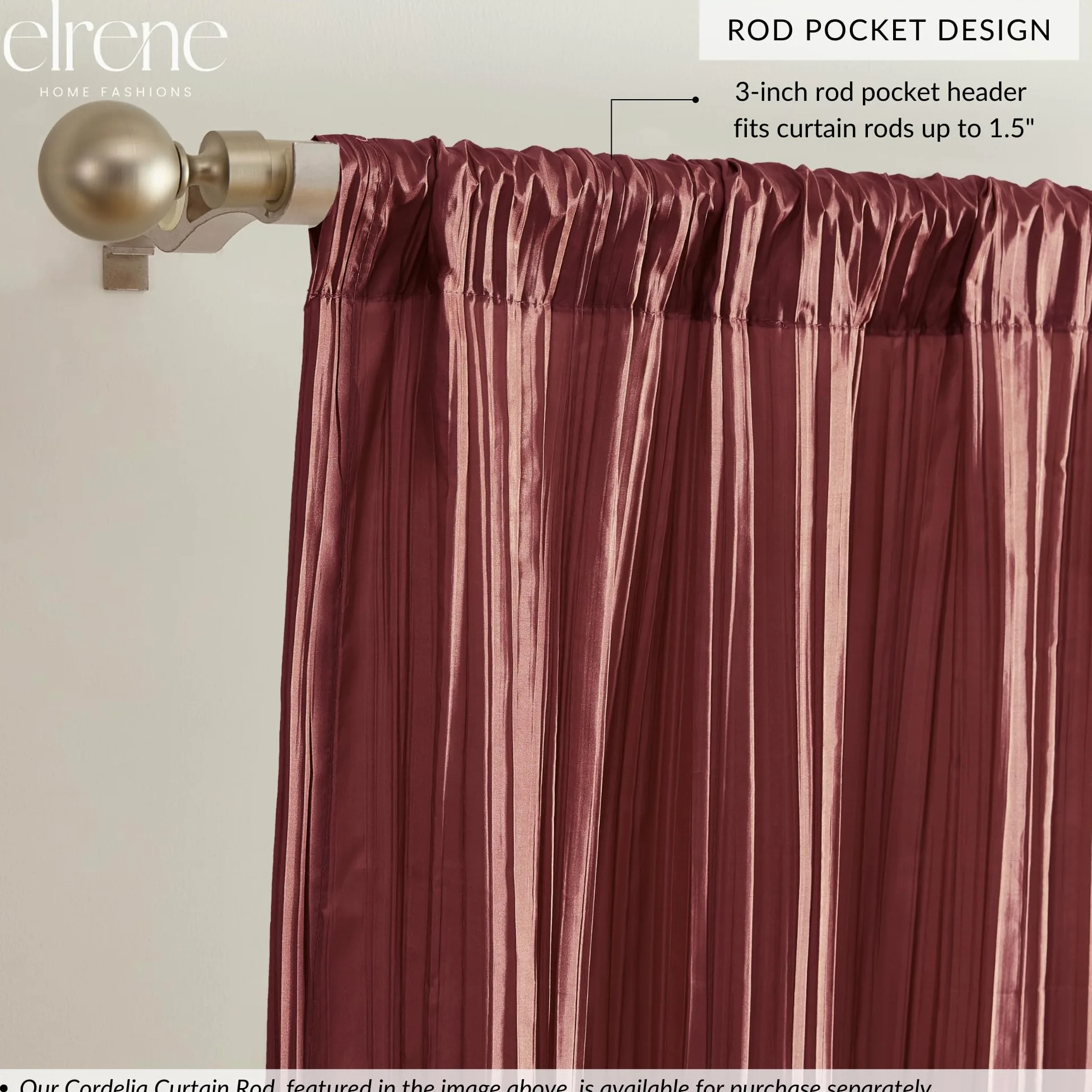 Elrene Home Fashions Athena Rideau de fenêtre Imitation Soie écrasée et cantonnière, 132 x 274 cm (2 Rideaux) et 1 cantonnière, Rouge