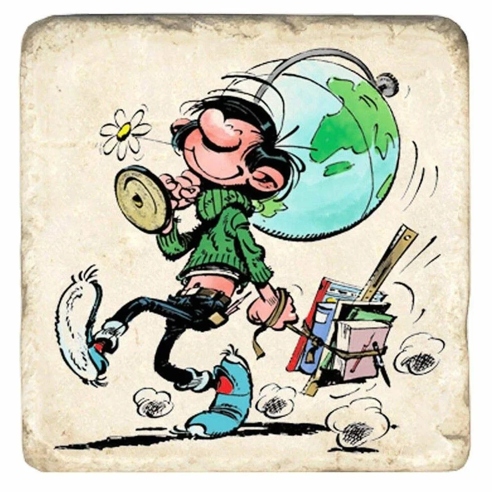 Plaque en aluminium Gaston Lagaffe and The World Map 20,3 x 30,5 cm