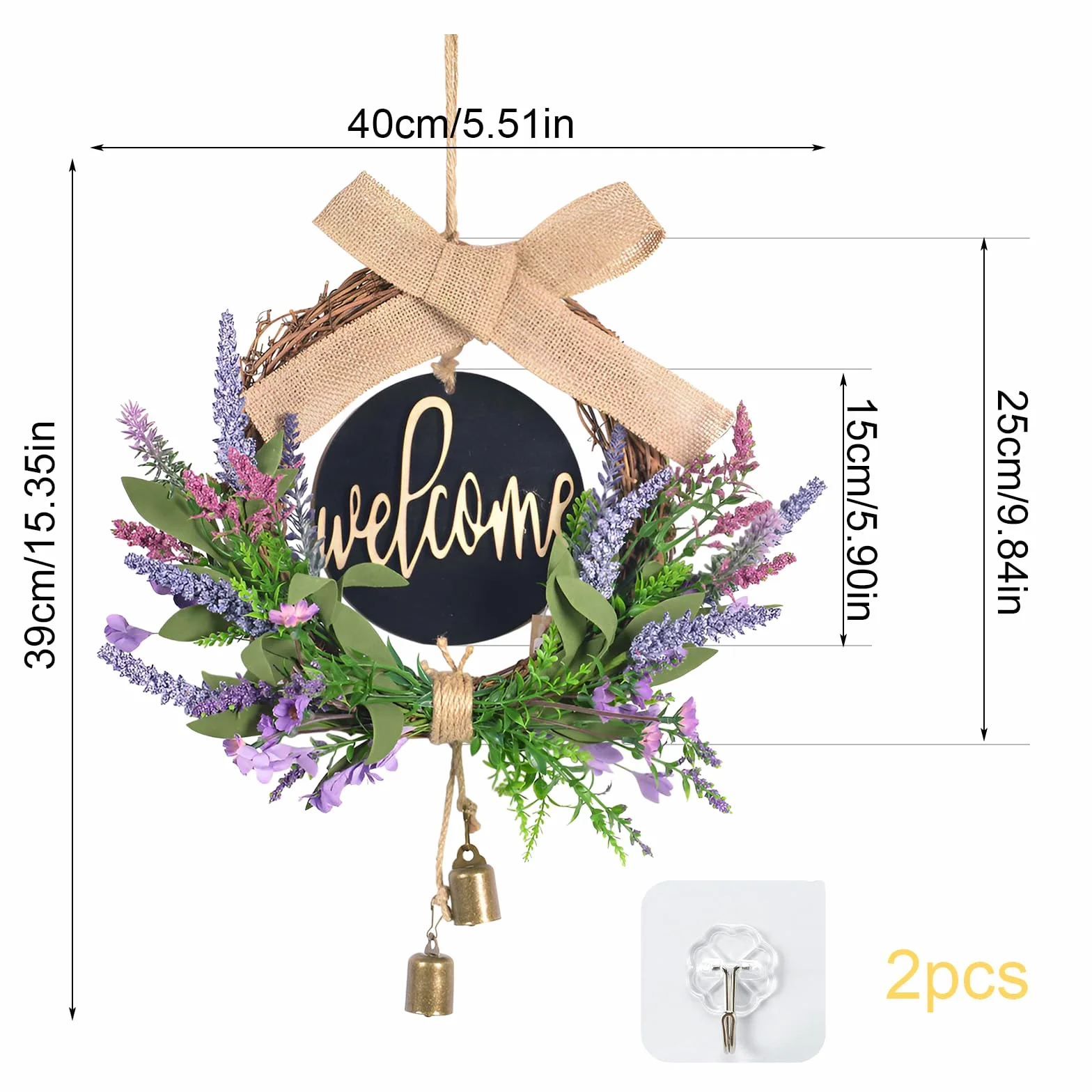 Couronne de Porte Printemps Lavande Artificielle 40cm avec Panneau Welcome, Arcs et Cloches