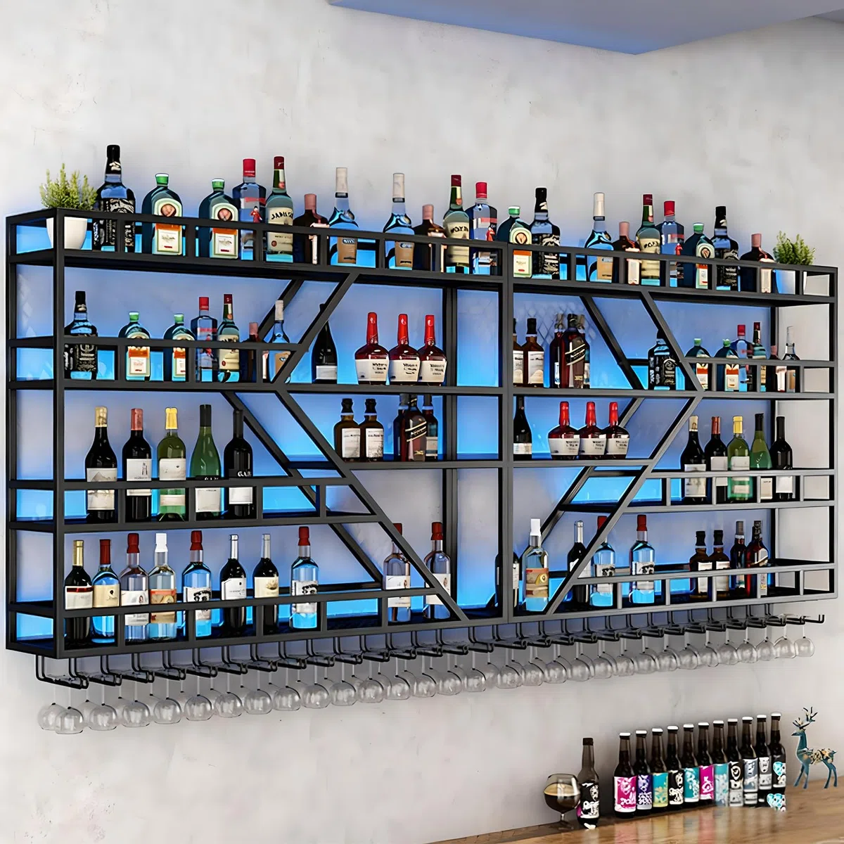 Étagère à vin murale moderne à 4 niveaux - Noir - Étagère de rangement pour bouteilles de vin - Design élégant - Économie d'espace - 240 x 20 x 123 cm