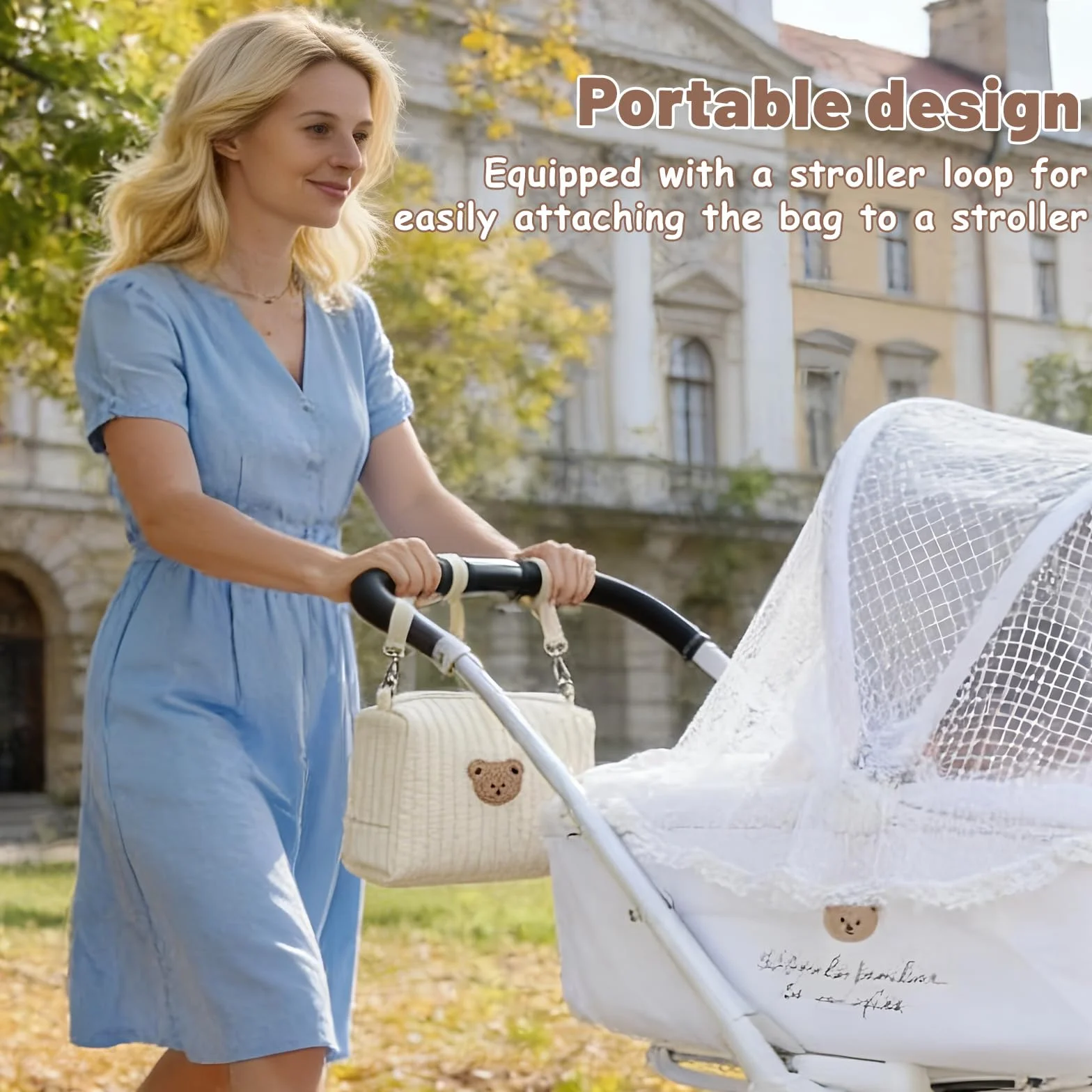 Sac à langer en coton organisateur universel pour poussette avec 2 sangles broderie ours