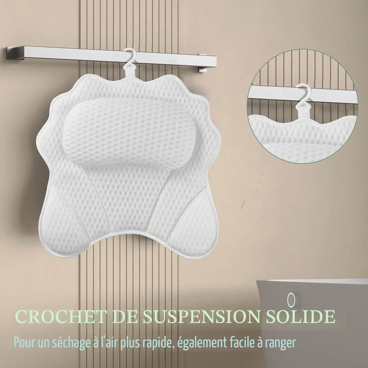 Oreiller de Bain Ergonomique 4D avec Ventouses Puissantes pour Baignoire et Spa