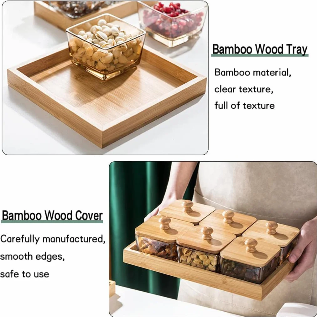 Plateau de service divisé en bambou avec couvercle, organiseur de collations carré pour fêtes, plateau de fruits en bois et boîte de rangement pour bonbons