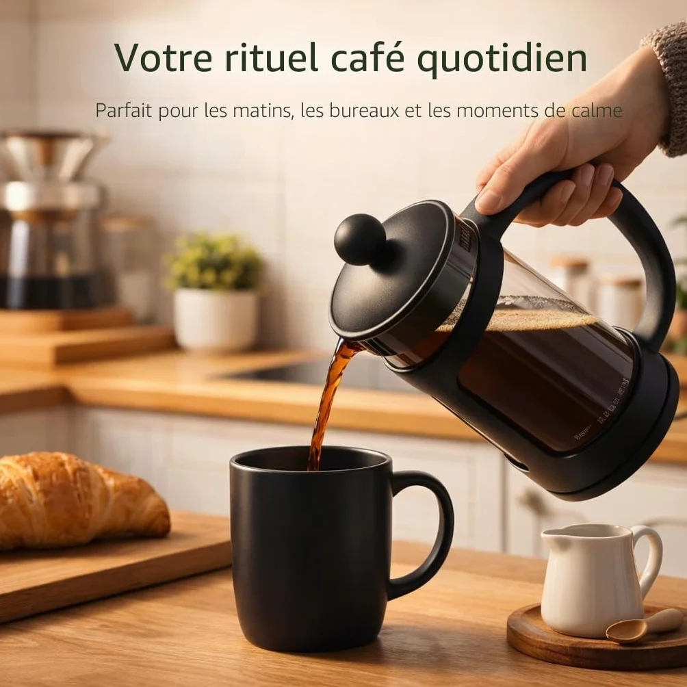 Cafetière Classique Continental Noire 350 ml – Cafetière à Piston en Verre Trempé Résistant aux Chocs
