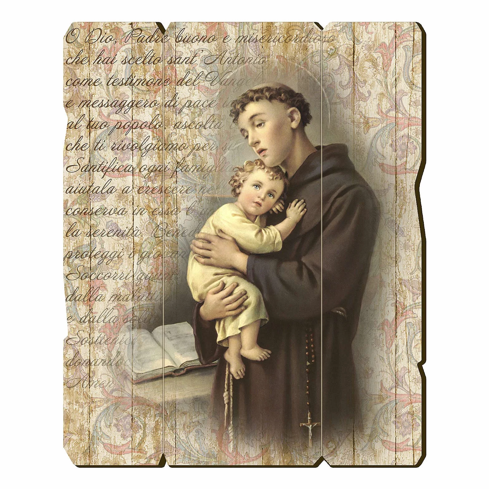 Tableau bois profilé St Antoine de Padoue avec crochet gravure manuscrit enluminé