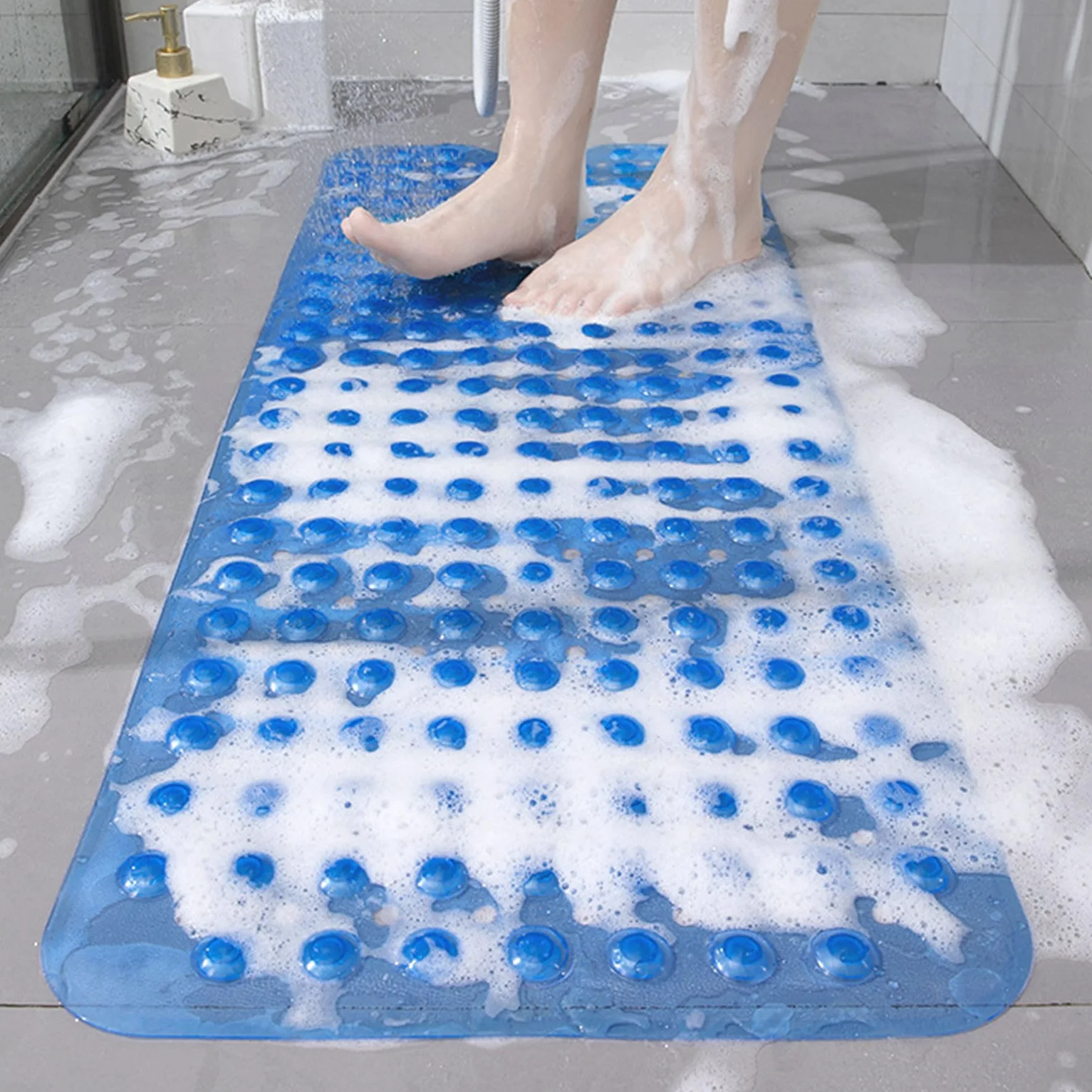 Tapis de Bain Antiglissant 100 x 40cm, PVC Caoutchouc Naturel Ventosa, Estera de Douche Lavable Antibactérien (Bleu Profond)