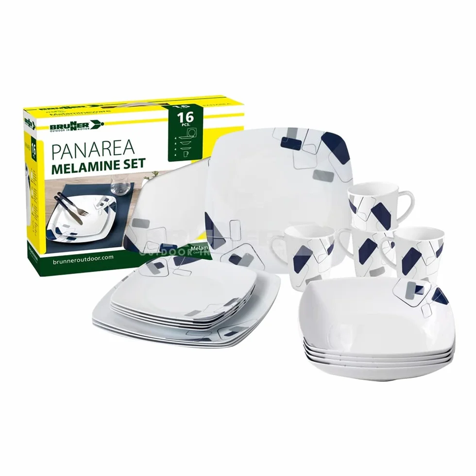 BRUNNER Set de vaisselle de camping (lot de 16 pièces) pour 4 personnes - Melamine Set Panarea - en mélamine de haute qualité, antidérapante et résistante