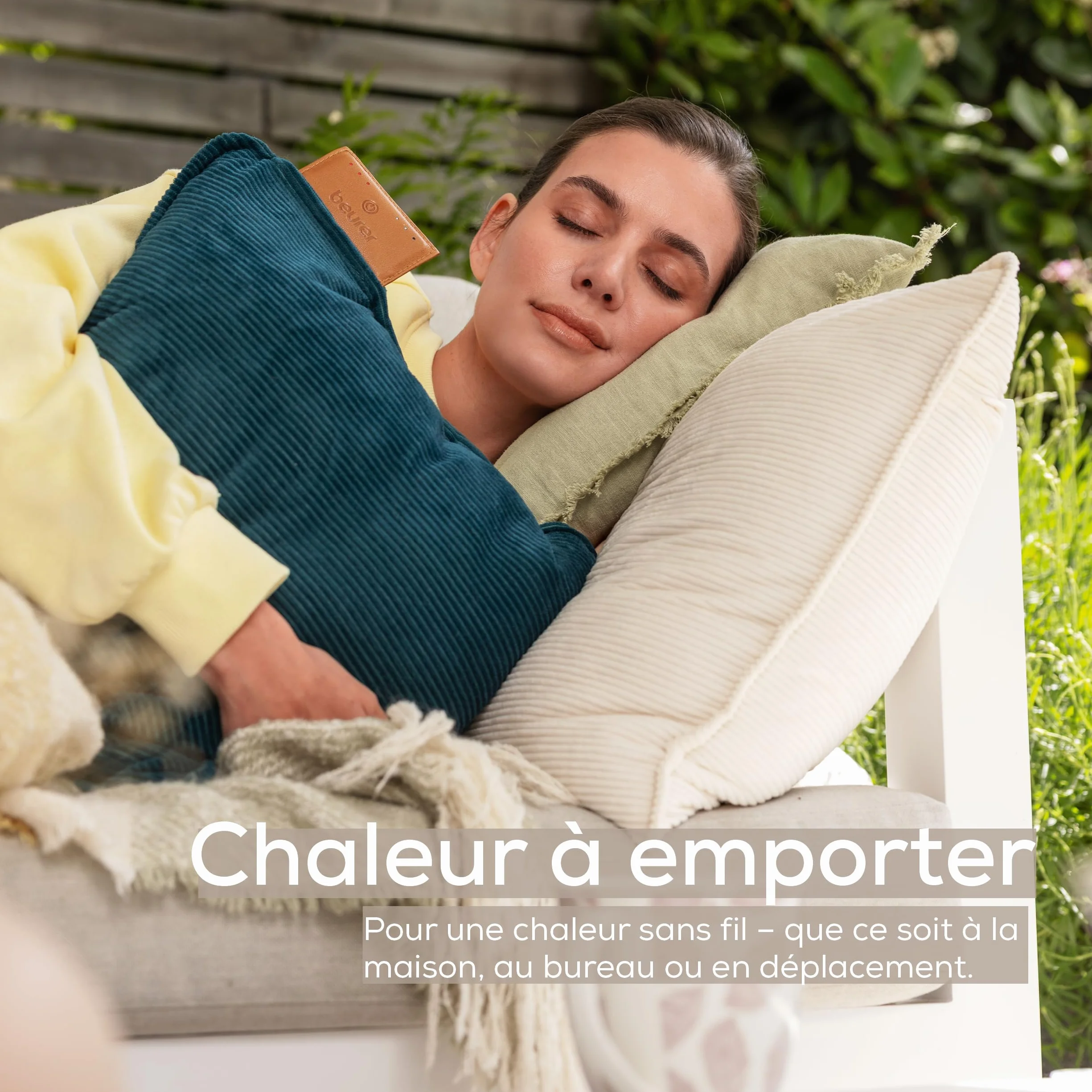 Beurer Coussin chauffant sans fil avec batterie, arrêt automatique, 3 réglages température, velours côtelé doux, blanc