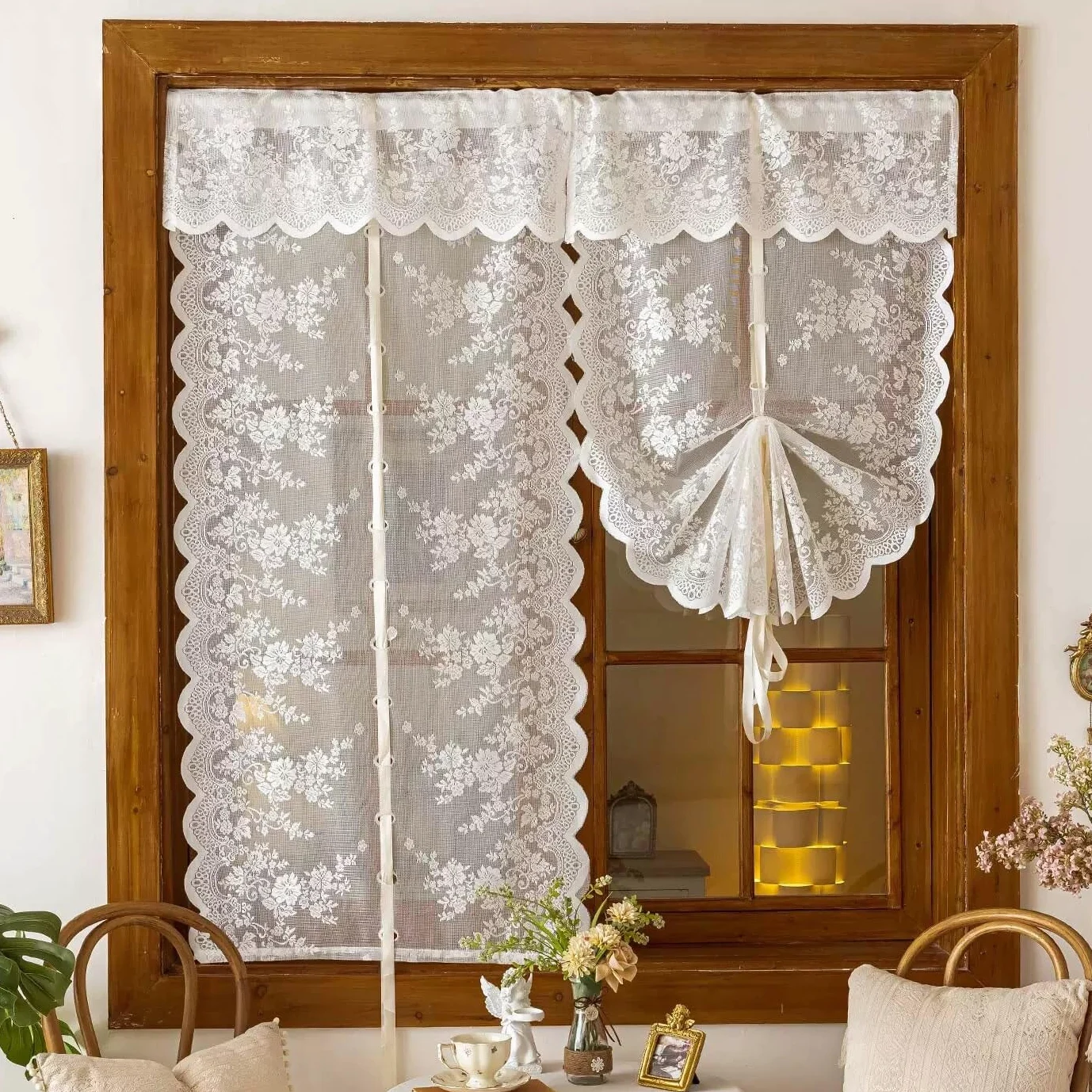 2 Pièces Français Rideaux de Ballon À Nouer, Rideaux Élégants Brodés À Fleurs Filtrant la Lumière AVCE Bords Festonnés et Passe-Tringle pour Cuisine(WxH80x240cm/31x94inch)