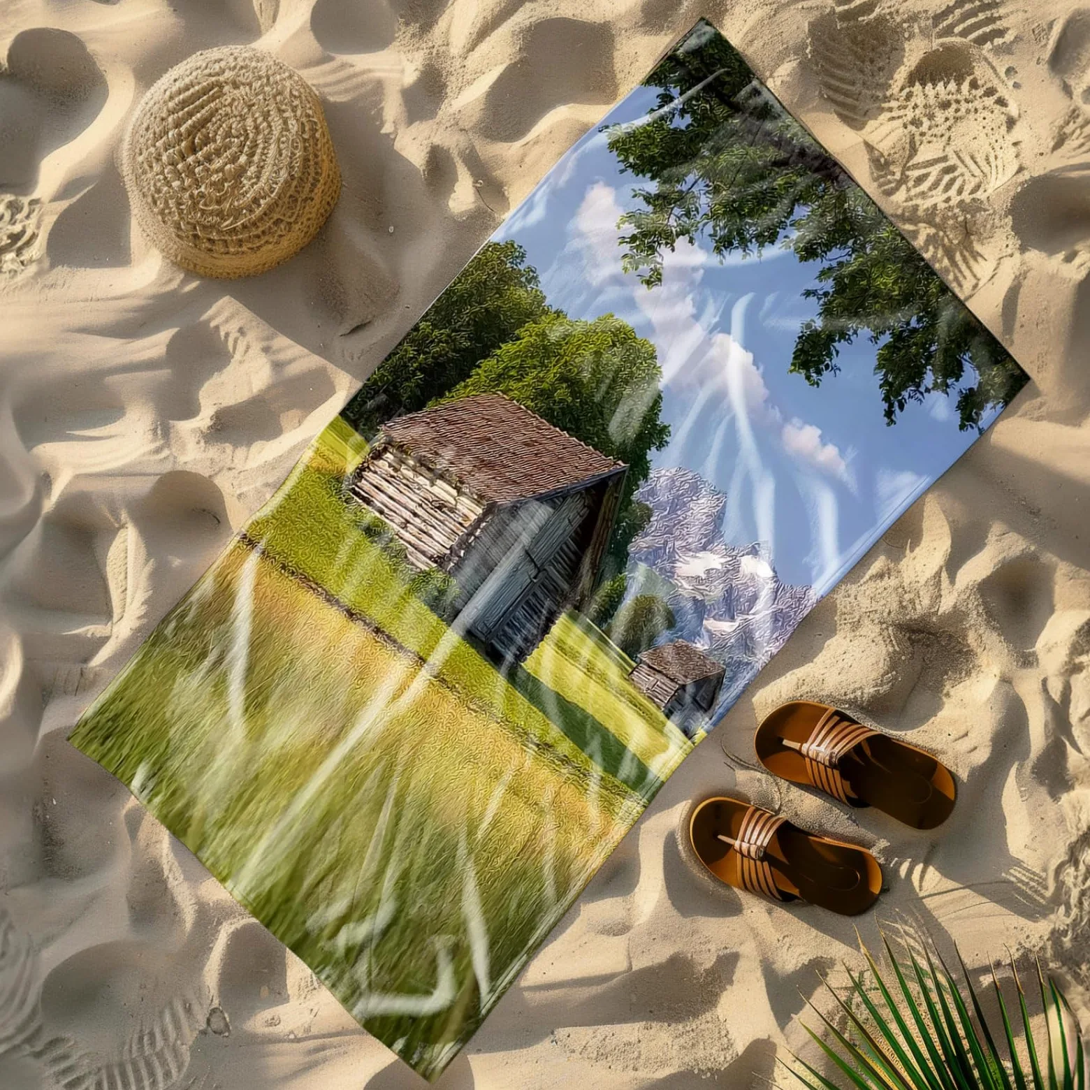 Tapis de Plage XXL Anti Sable Maison en Bois Brown Serviette Piscine Adulte,Natte De Plage Pliable, Voyage Accessoires De Plage Camping,Serviette de Bain Personnalisée