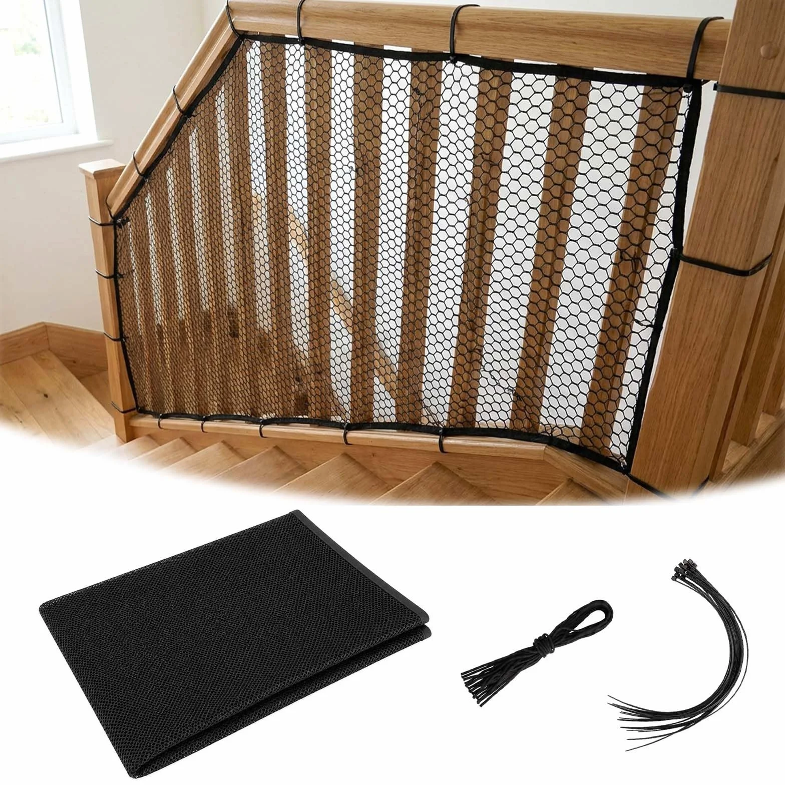 Filet Sécurité Escalier Enfant 300x78 cm, Filet Protection Balcon avec 15 Sangles 25 Cordes Nylon, Découpable Noir