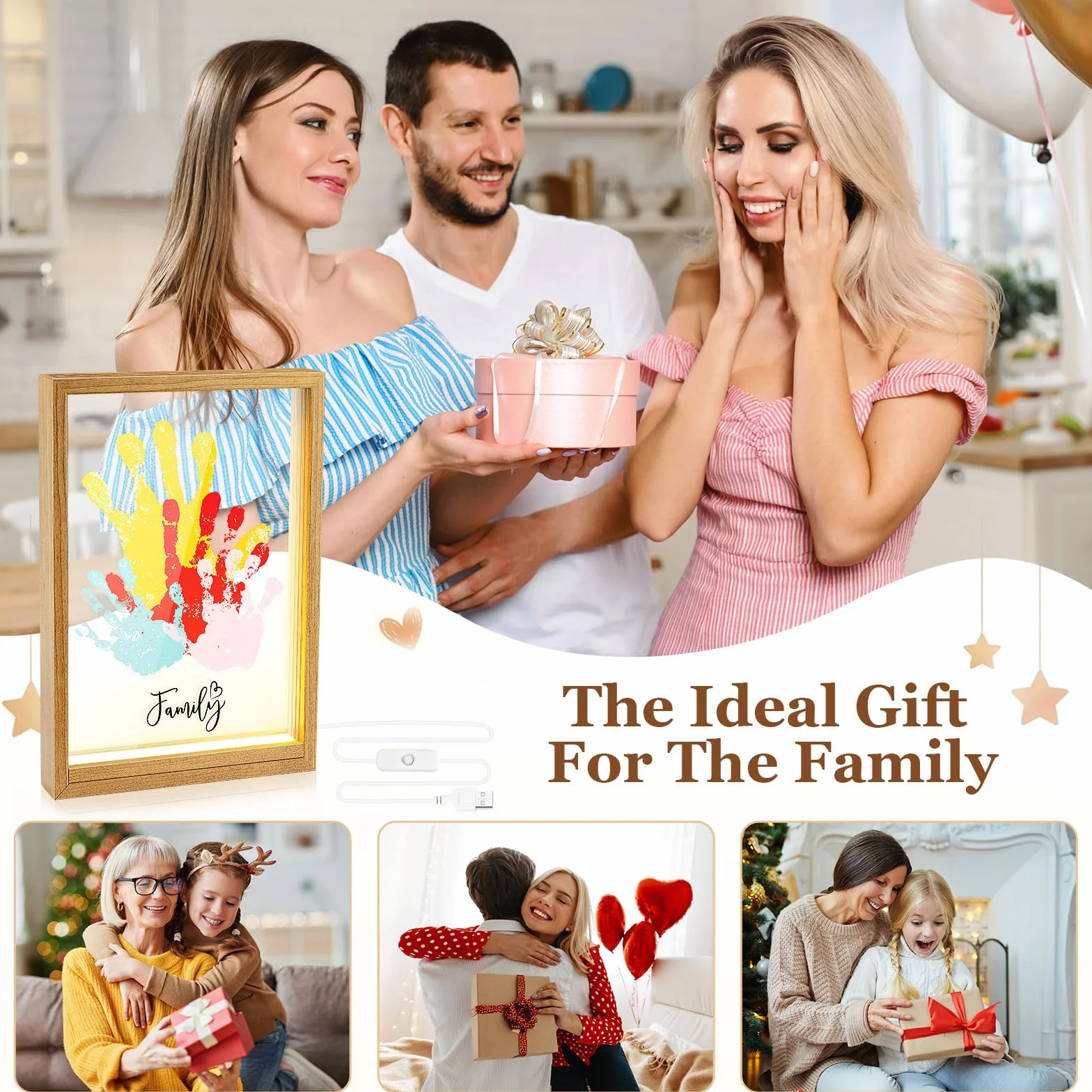 Cadre LED en Bois Kit Empreinte Famille Bébé Souvenir Personnalisé Décoration Murale Cadeau Naissance