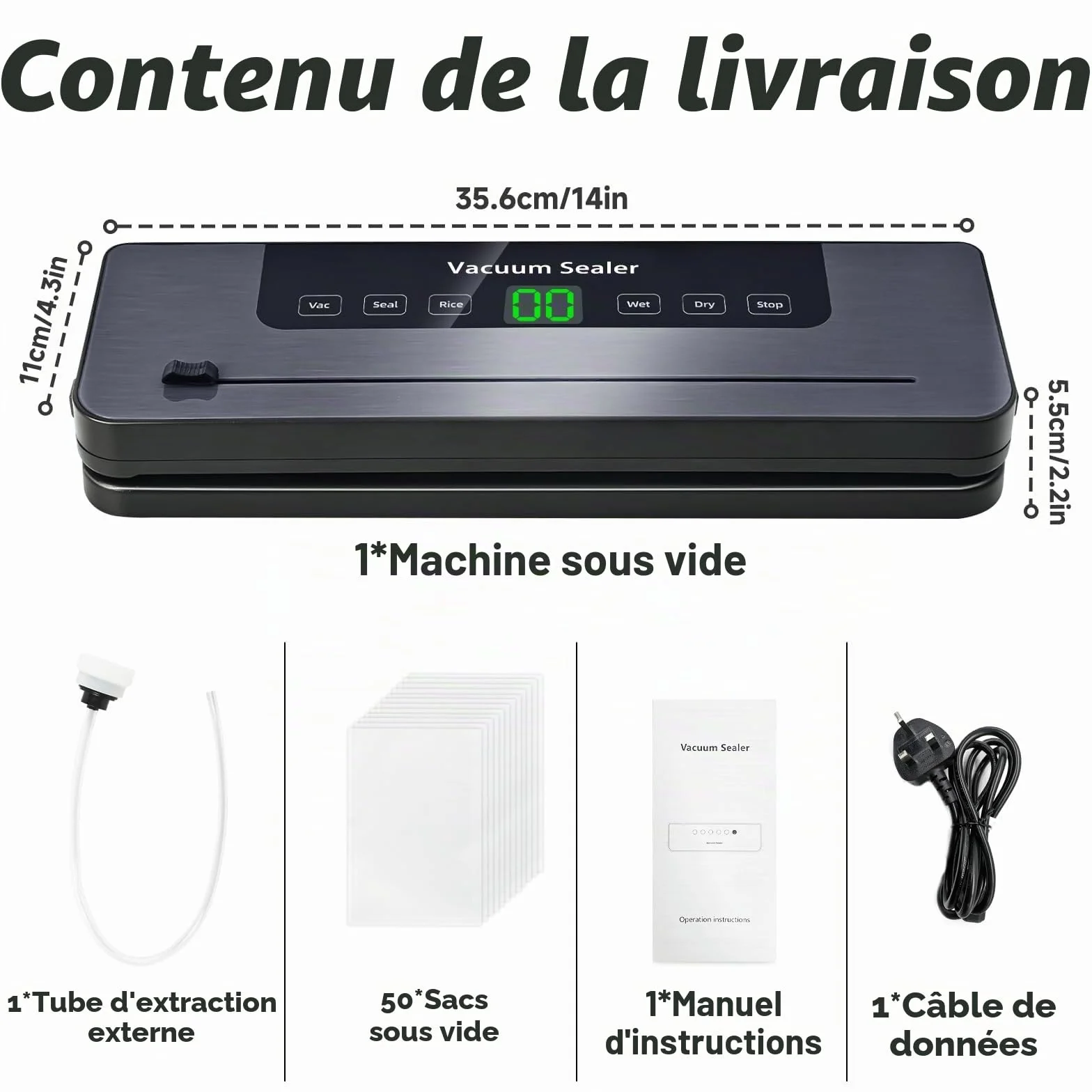 Machine Sous Vide Alimentaire 6 en 1, Multifonction avec 50 Sacs, Automatique Secs et Humides, Couteau Coupe et Tuyau