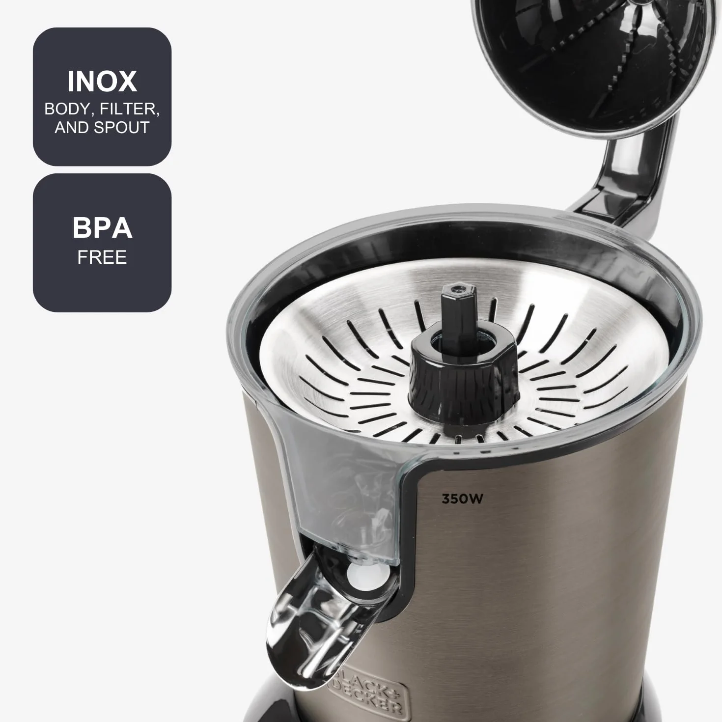 BLACK+DECKER Presse-Agrumes à Levier 350W Moteur AC Pro Corps Inox Réservoir 0,65L Anti-Goutte