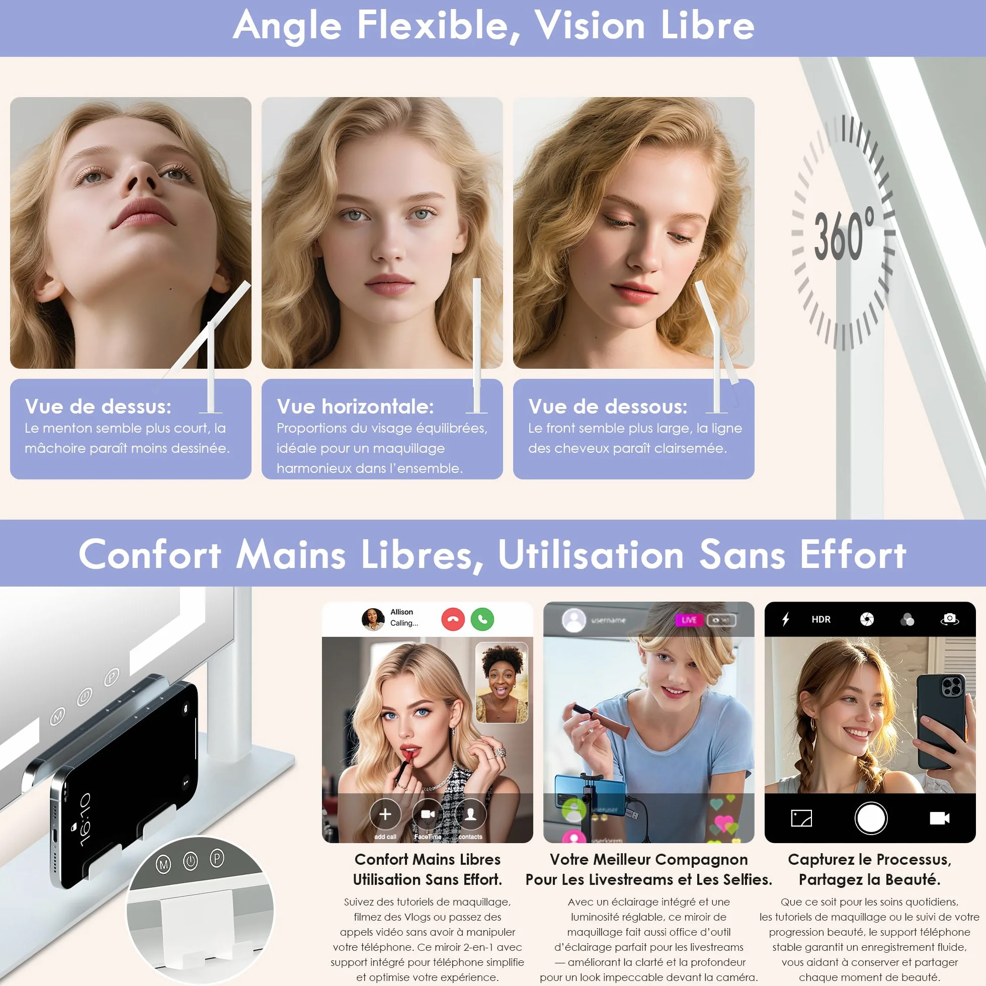 LuxeVue Miroir de Maquillage avec lumières 30x36 cm, 3 Modes d'éclairage Tactile, Grossissant 15X, Cadre en Métal