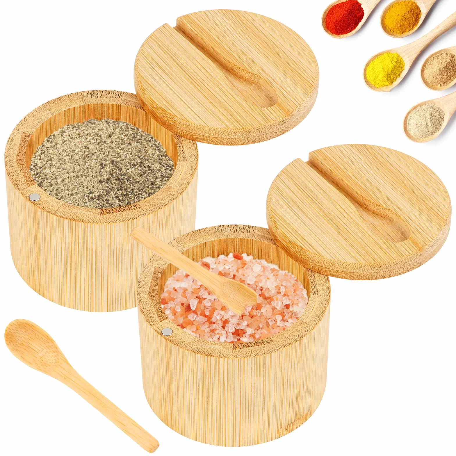 Lot de 2 boîtes à sel en bambou 6 oz avec couvercle pivotant magnétique et cuillère, bocal à épices en bois