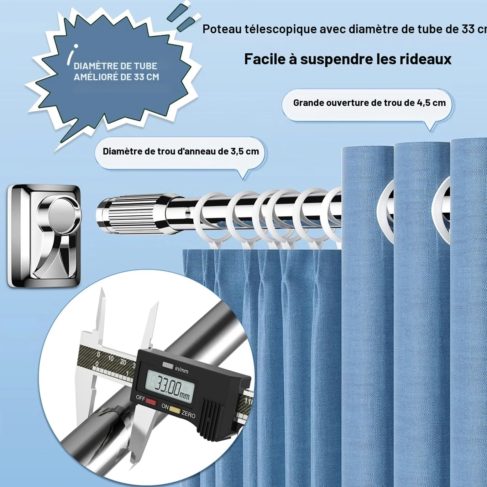 Tringle à Rideaux Sans Perçage 410-500 cm, 360-450 cm, 310-400 cm, Antidérapante, Télescopique, Pour Salle de Bain, Armoire, Fenêtre