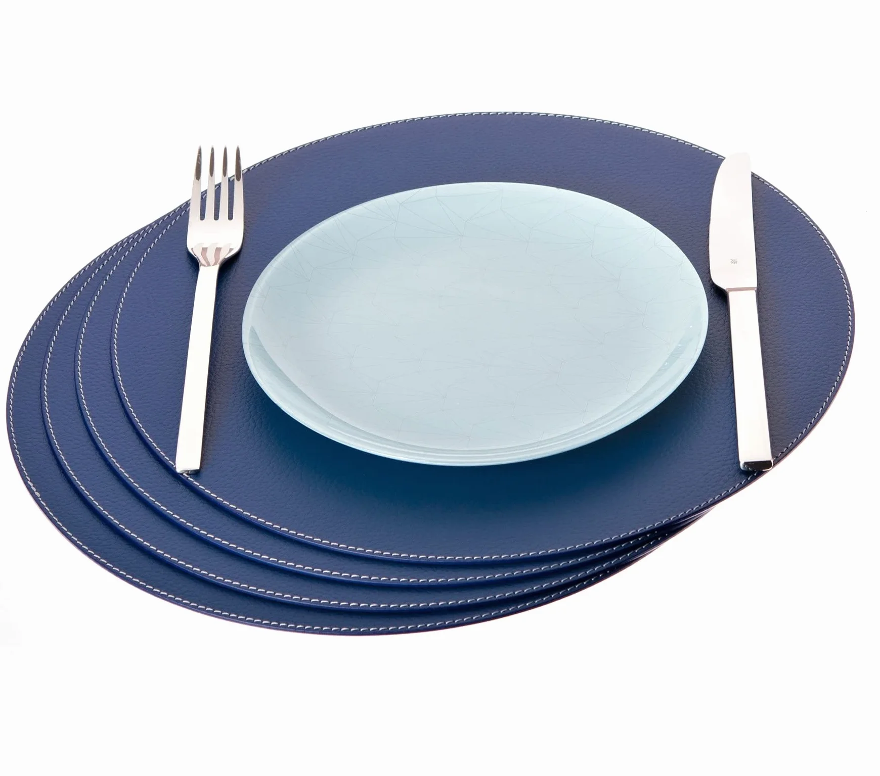 Nikalaz Lot de 4 Set de Table Rond et 4 desous de Verres, Set de Table 33 cm de diamètre et sous-bock 10 cm, Cuir Naturel recyclé, (Bleu)