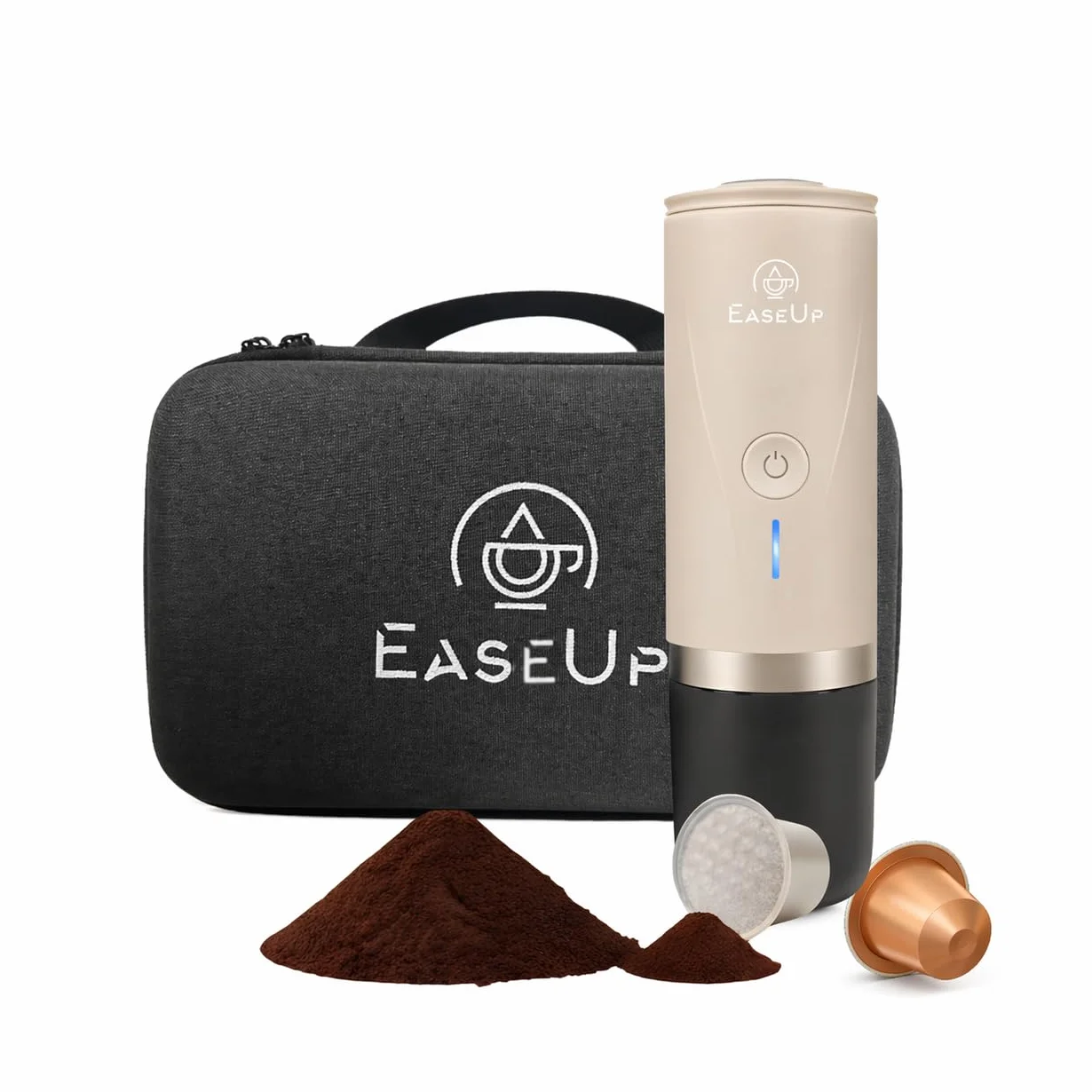 EaseUp Machine à Café Portable Rechargeable 2en1 avec étui de transport – Cafetière portable compatible Capsules Espresso & Café Moulu Pour Voyage, Camping, Voiture (Beige)