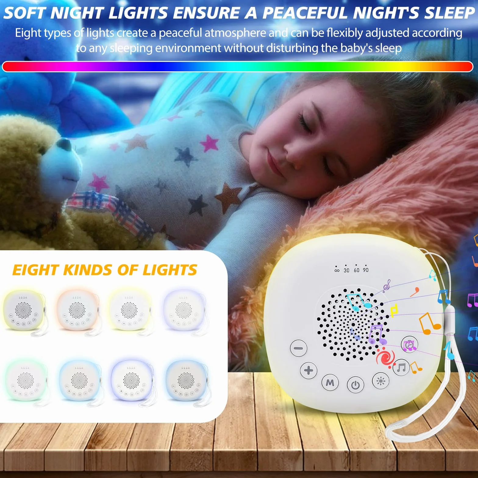 Machine à bruit blanc portable pour bébé avec veilleuse, 20 sons apaisants, rechargeable USB