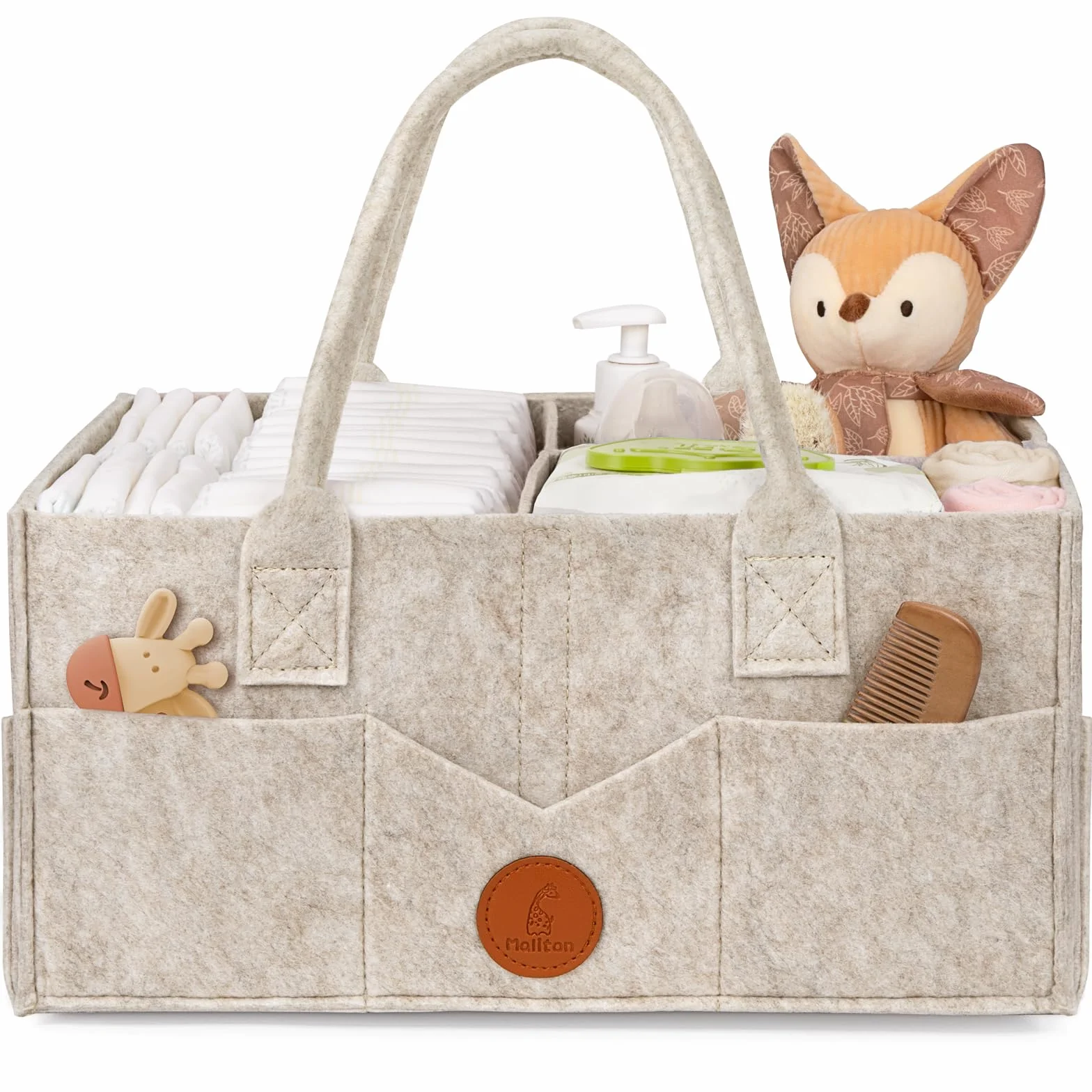 Maliton Panier Rangement Bébé Portable en Feutre avec Poignée Compartiments Détachables, Marron