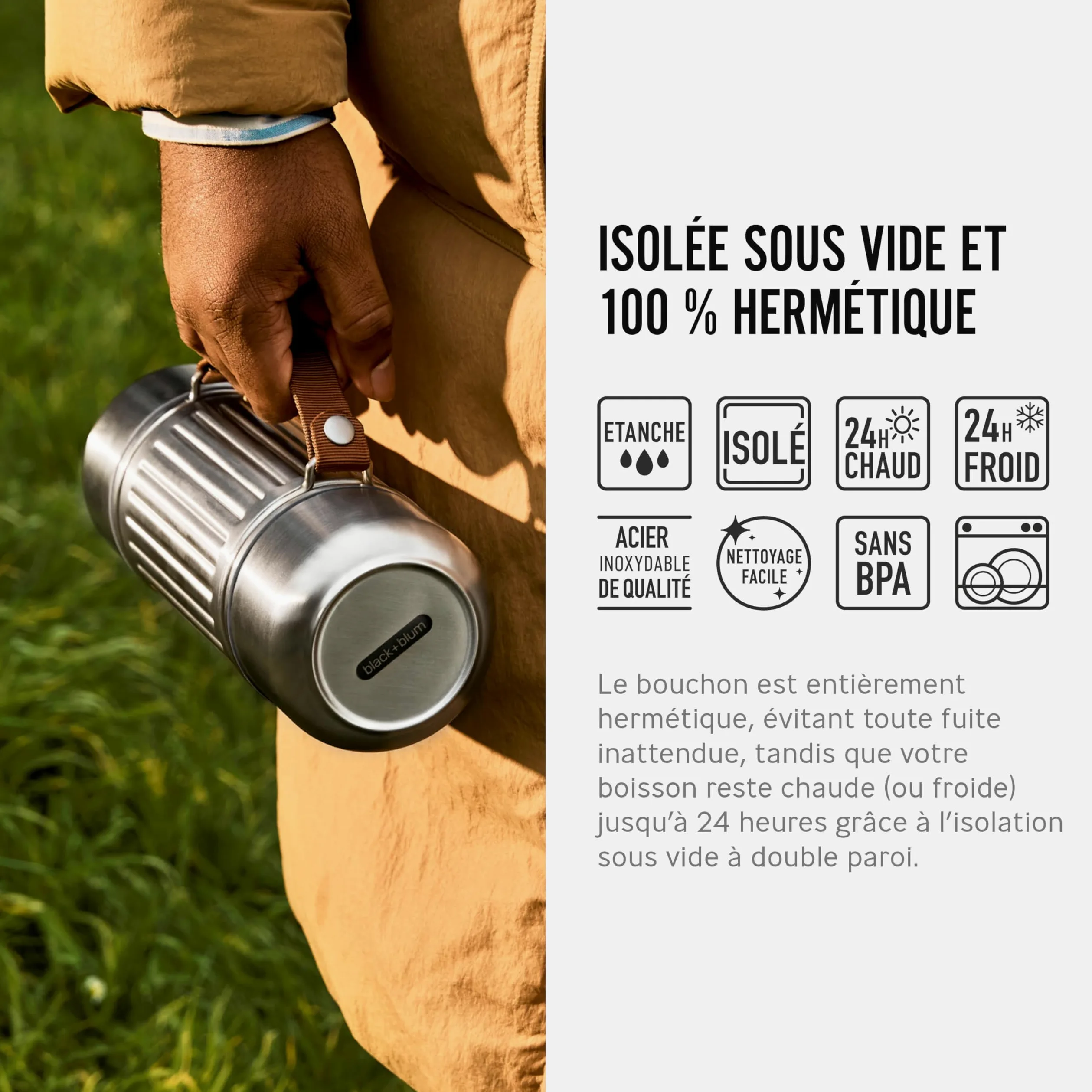 BLACK + BLUM Gourde Isotherme | Explorer Flask En Inox avec 2 Tasses | 1 L | Étanche, Chaud ou Froid 24 h, 2 Tasses Inox Double Paroi, Sangle de Transport, Camping & Plein Air