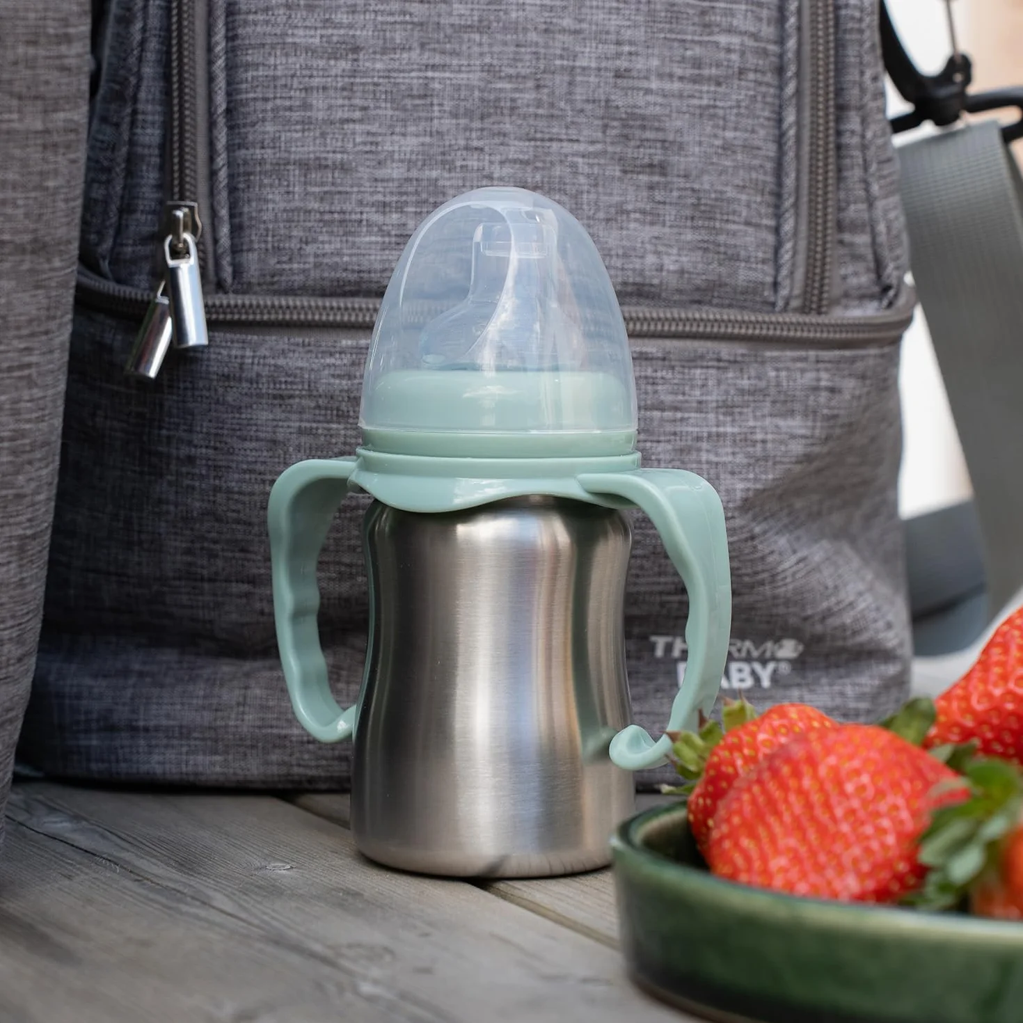 THERMOBABY Tasse En Inox Bébé Avec Anses Et Tétine Silicone Anti-Fuites 180 ml Vert Cactus