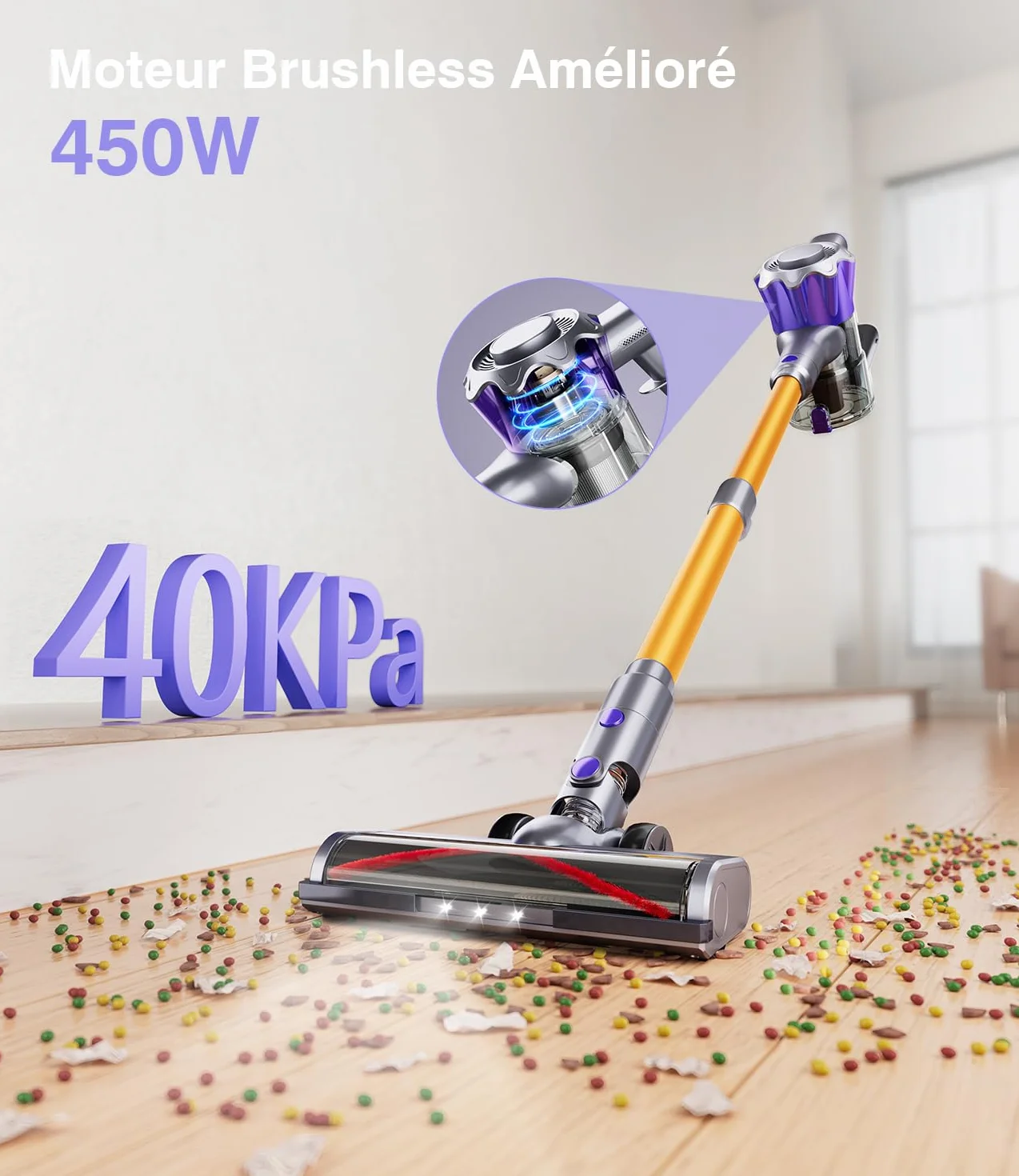 Aspirateur Balai sans Fil 450W 40KPA 50 Minutes Autonomie Écran Intelligent Jaune