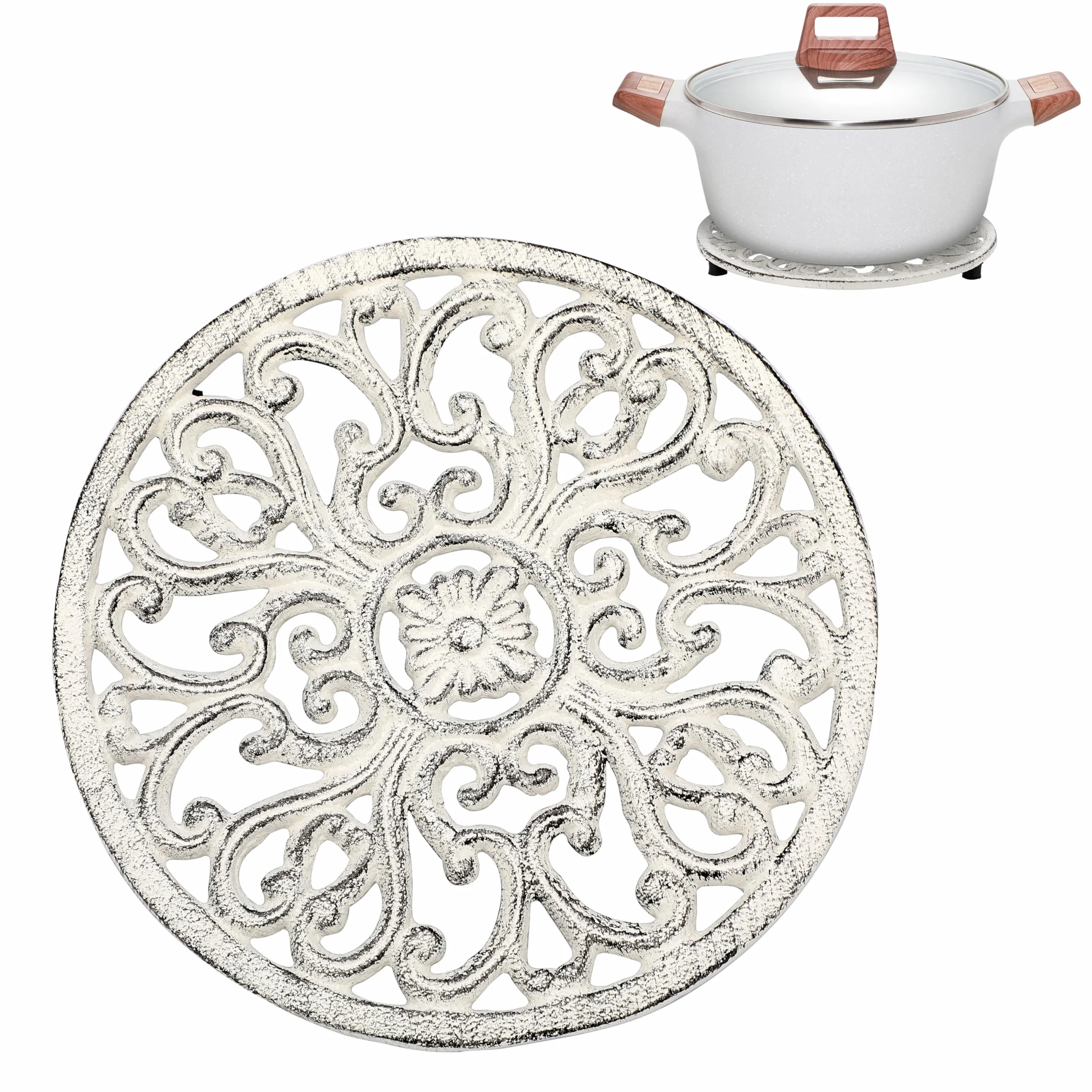 Dessous de Plat Rond en Fonte Décoratif avec Motif Vintage 17cm Blanc