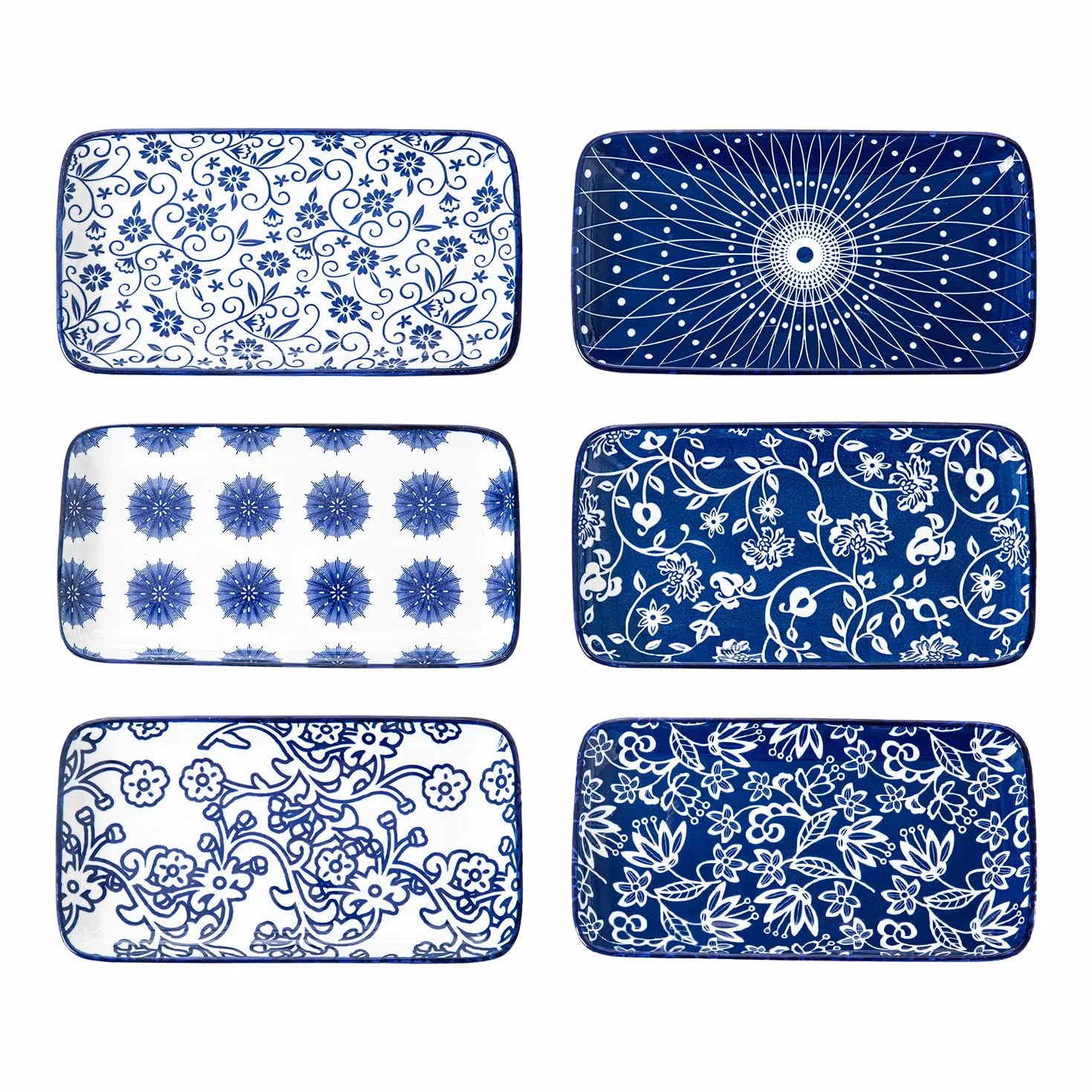 Lot de 6 assiettes de service rectangulaires en céramique de 21 cm pour sushi, salade, dessert, pâtes, apéritif, passent au four, au micro-ondes, au lave-vaisselle, bleu vintage