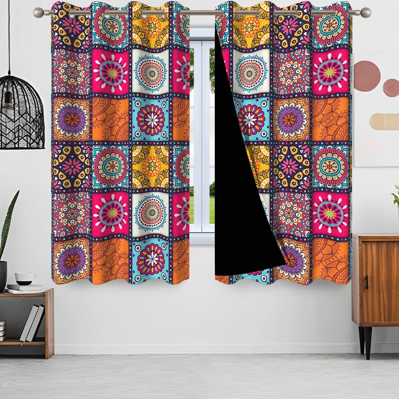 135x245cm Boho Patchwork Rideau à œillets Multicolore Mandala Abstrait Marocain Motif Isolant Thermique Œillets Occultant Rideaux pour fenêtres Chambre Salon Cuisine,2 Panneau