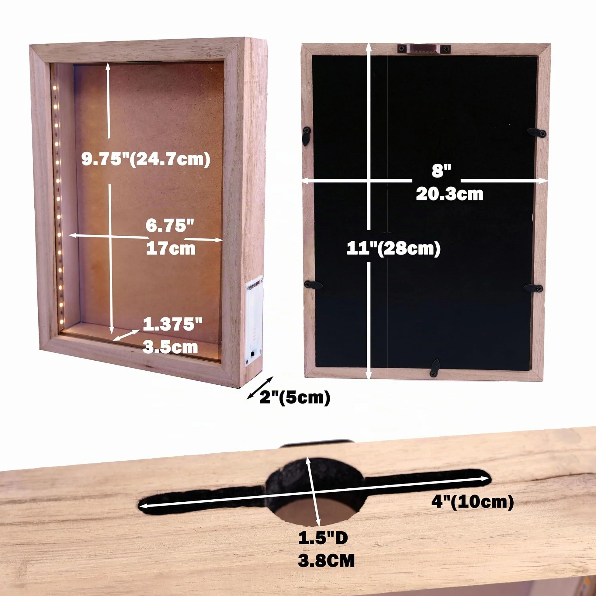 Boîte d'Ombre en Bois Naturel Rustique 8"x11" avec Éclairage LED pour Bouchons de Vin et Expositions Créatives
