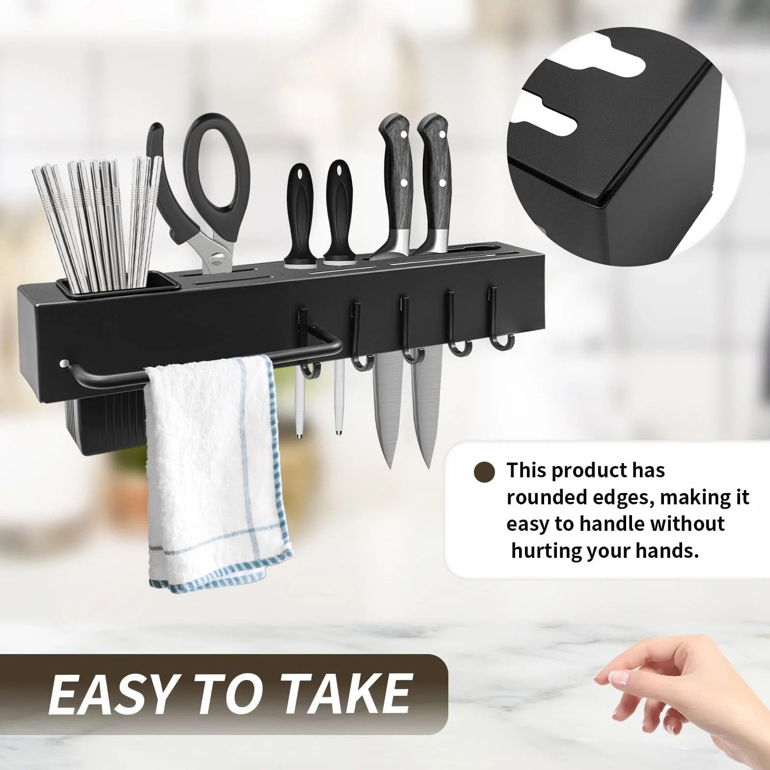 Porte Couteaux Mural 40 cm Organisateur de Cuisine Multifonction avec Porte-Torchon et Porte-Baguettes