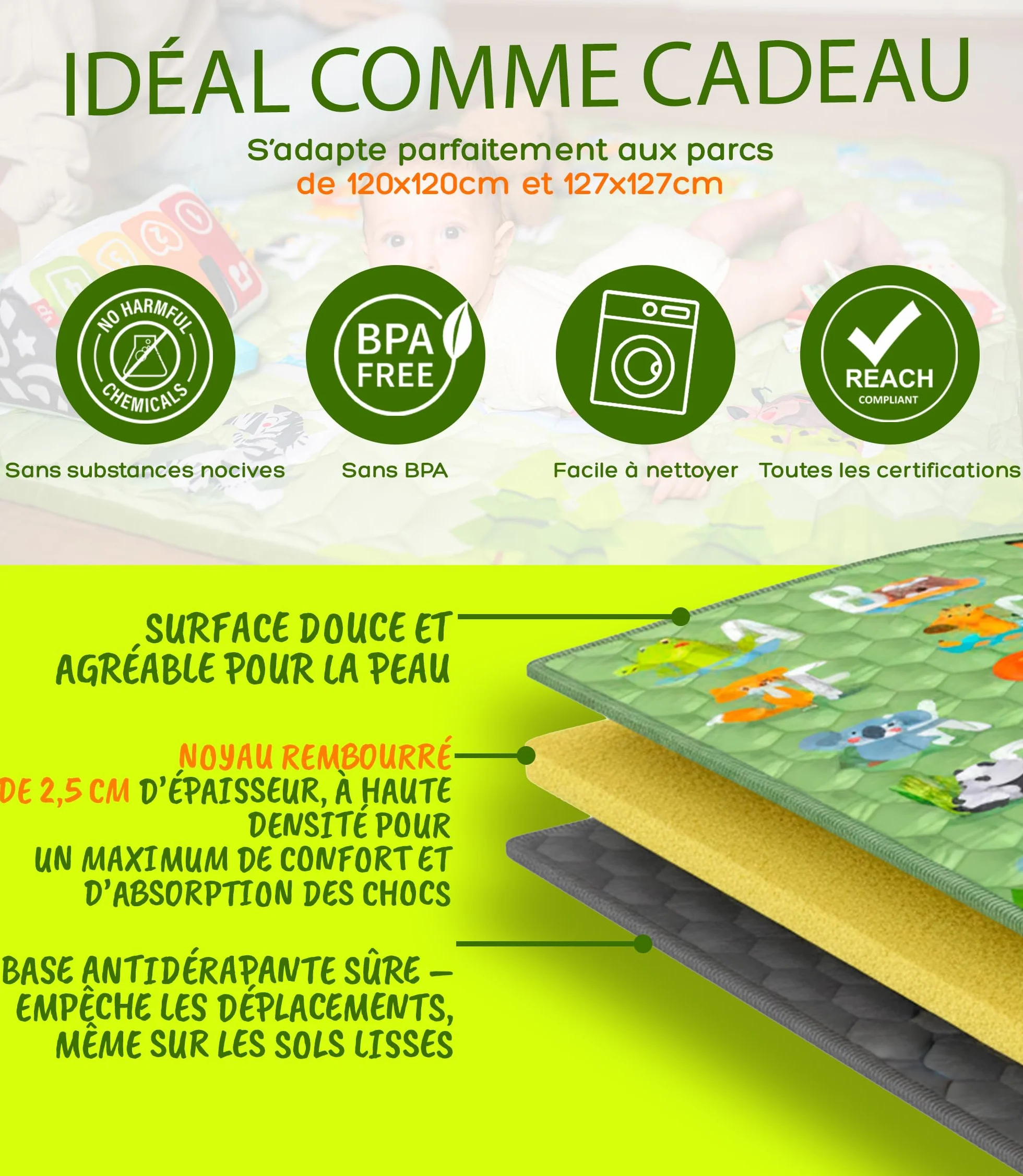 Tapis d'Éveil Pliable 120x120 cm Mousse Montessori Motricité Évolutif VALBABY